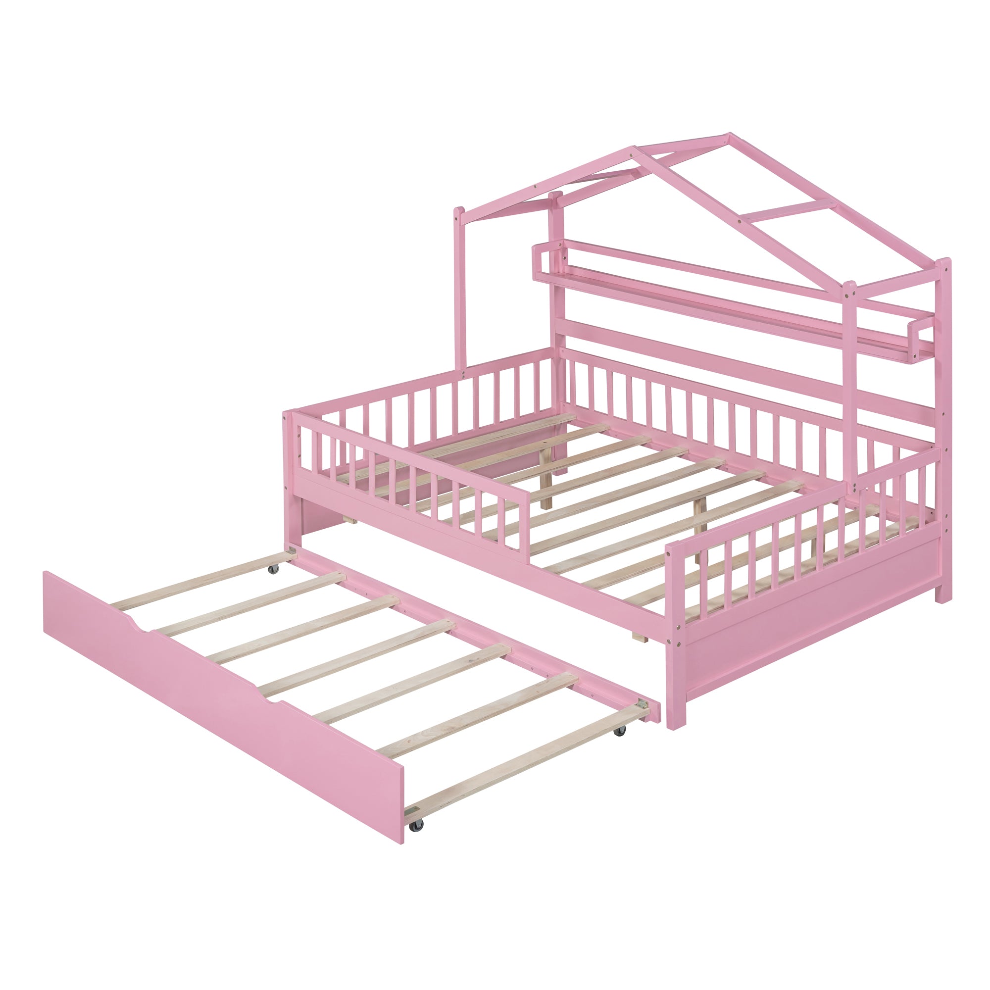 Wooden Full Size House Bed with Twin Size Trundle Kids Bed with Shelf Pink