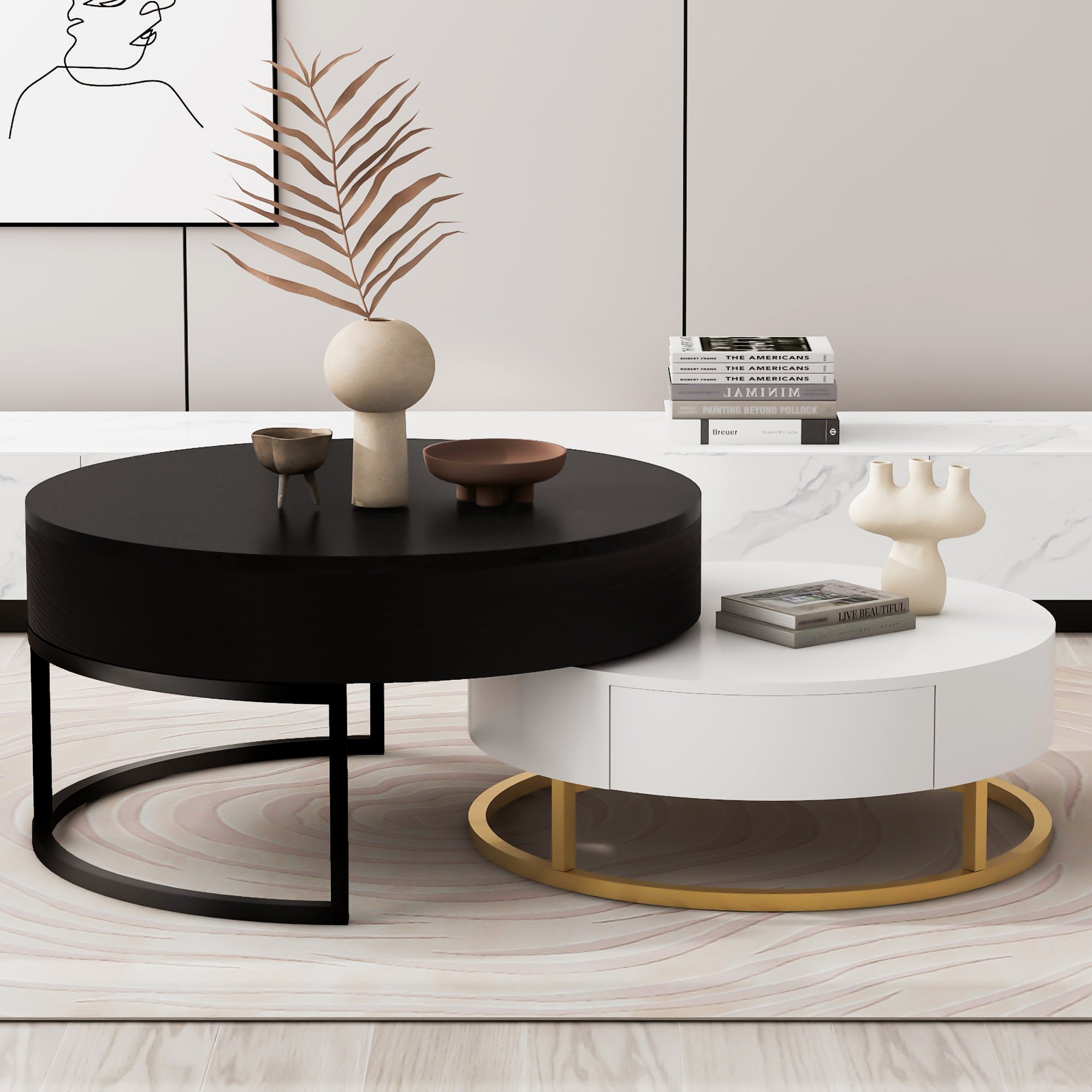 Modern Round Lift-top Nesting Coffee Tables with 2 Drawers White & Black