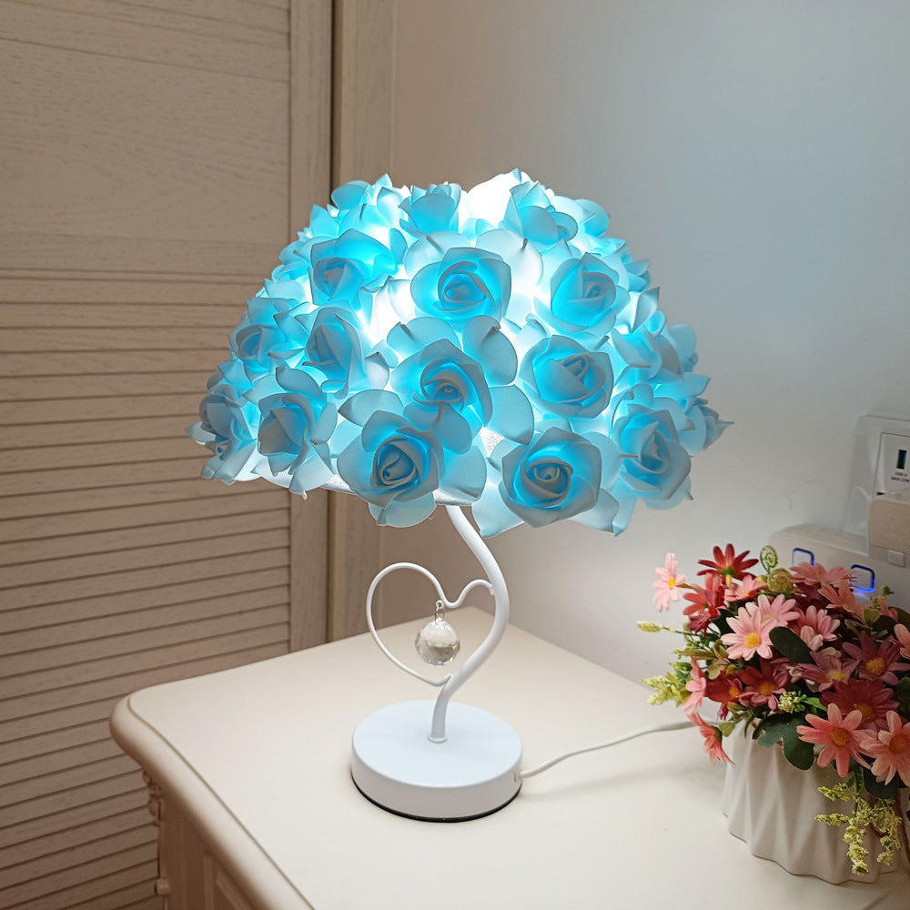 White stem heart-shaped crystal umbrella-shaped rose flower table lamp bedside lamp bedroom decoration ornaments wedding atmosphere table lamp