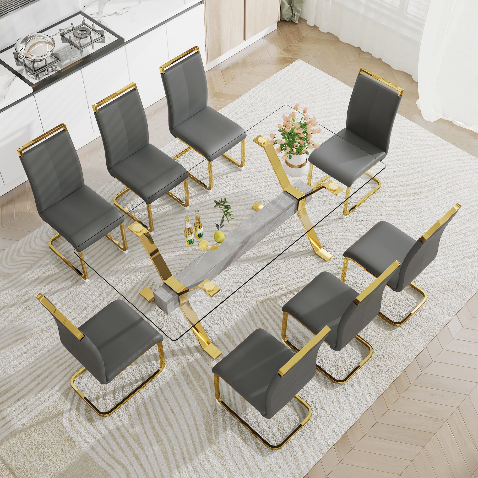 Dining table Modern tempered glass dining table Large modern office desk with gold plated metal legs and MDF crossbars