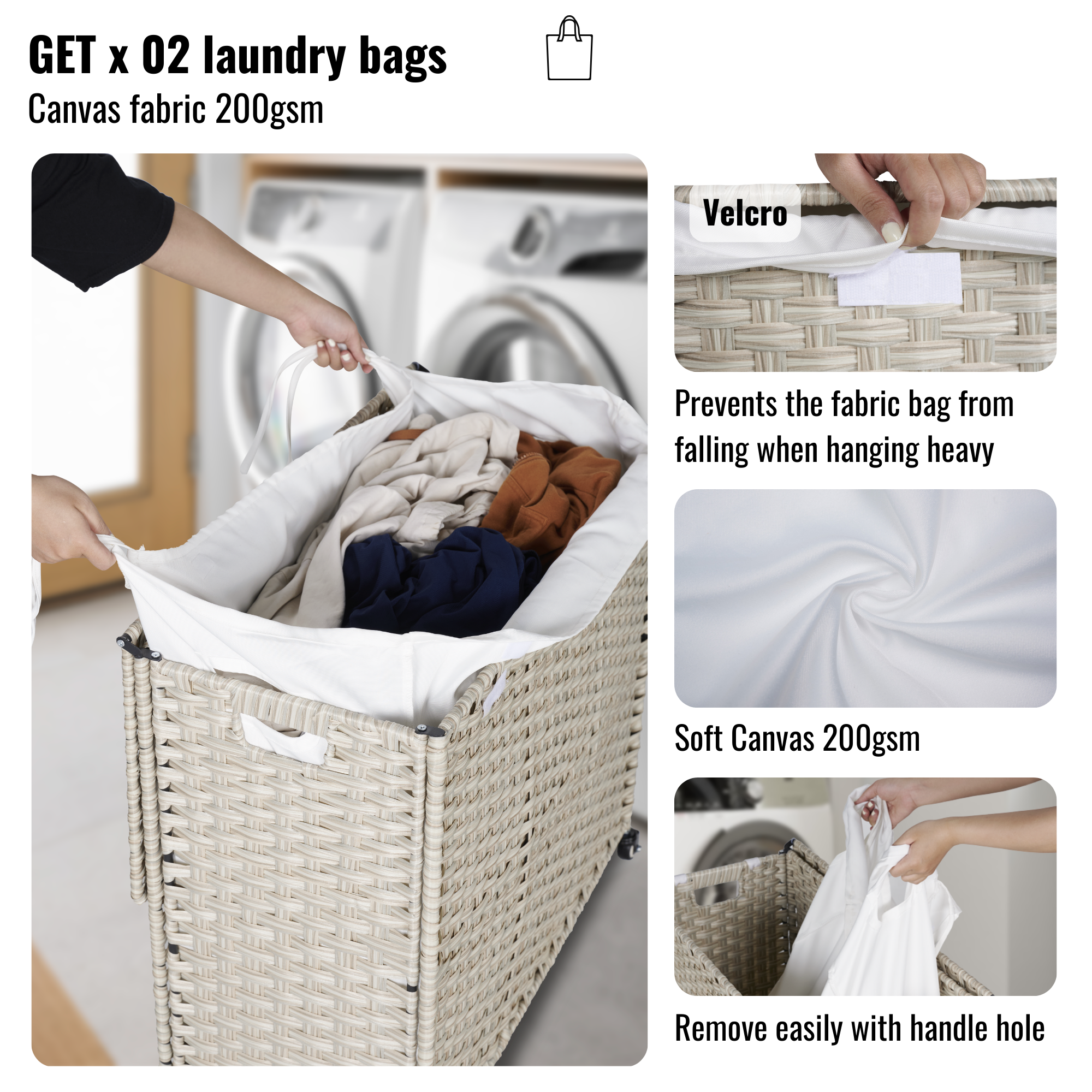 Laundry Hamper With Lid PE Rattan Powder Coating Frame Clothes Hampers with 02 Removable Bags, Wheels, 160L, Grey Color