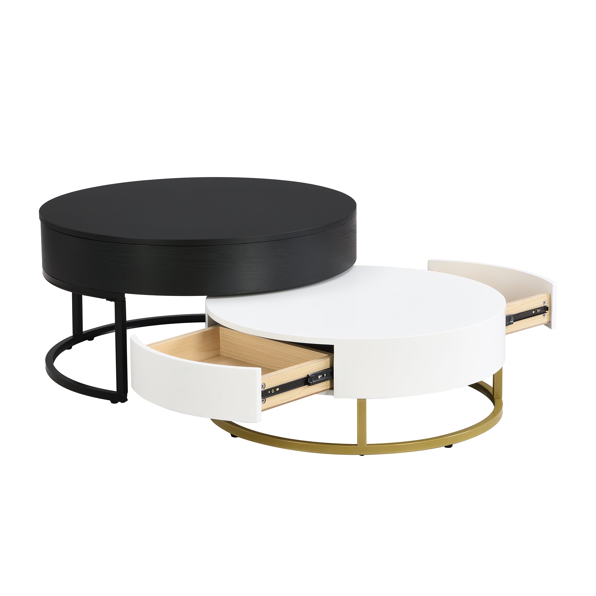 Modern Round Lift-top Nesting Coffee Tables with 2 Drawers White & Black