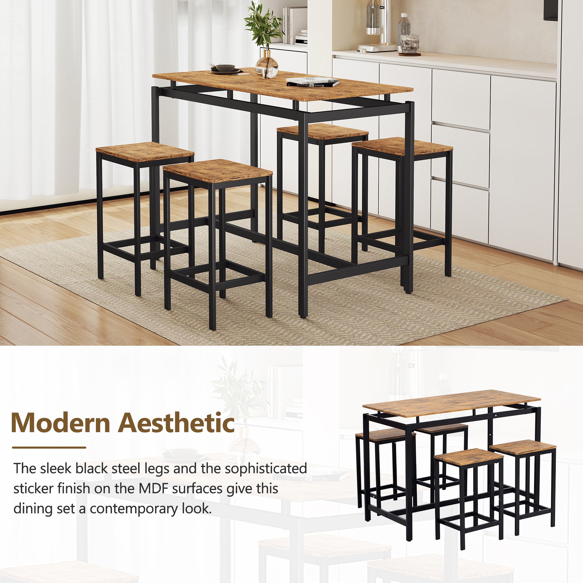 TREXM 5-piece compact bar table with table and stool - modern industrial design brown