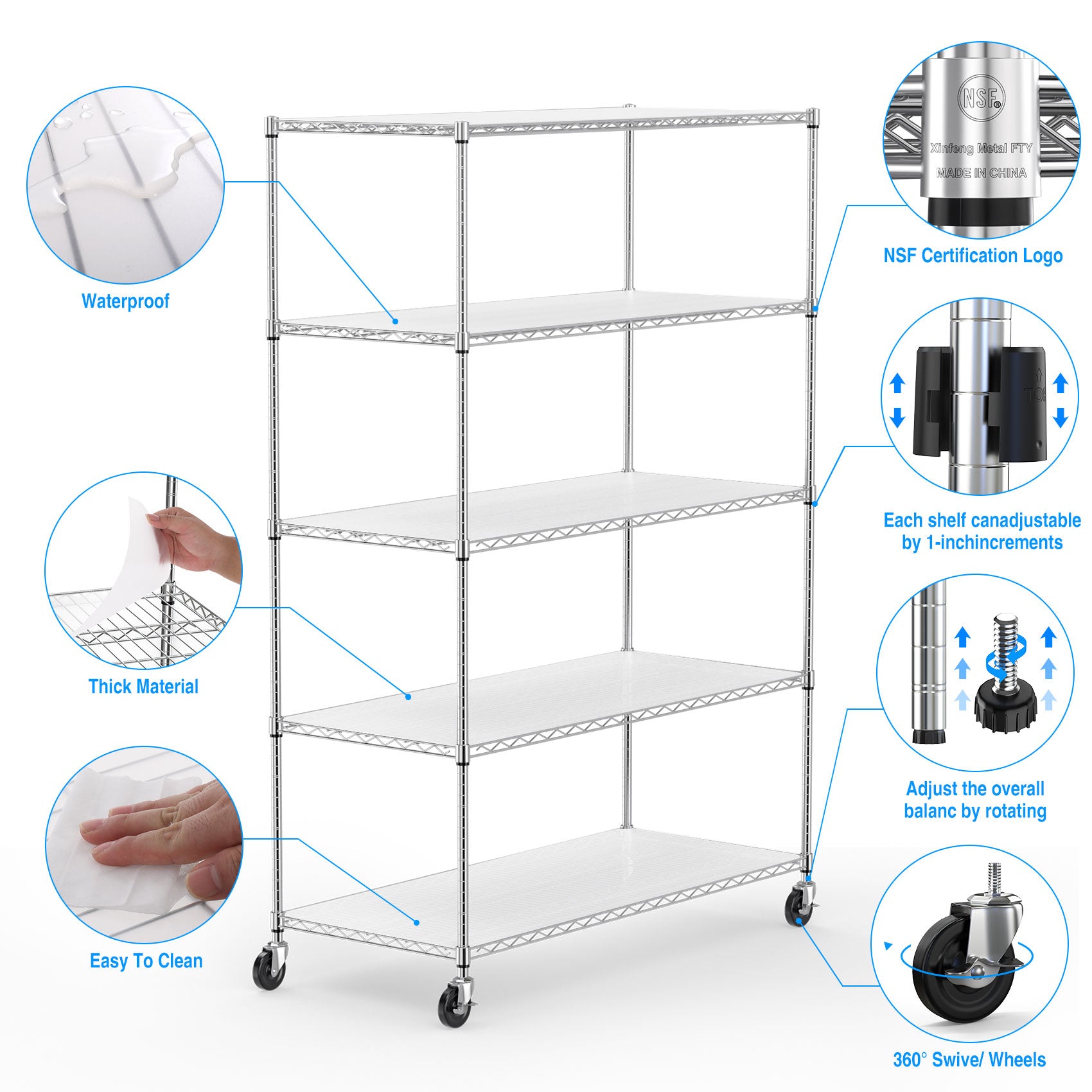 5 Tier 6000lbs Heavy Duty Adjustable Storage Rack Metal Shelf Wire Shelving Unit Chrome