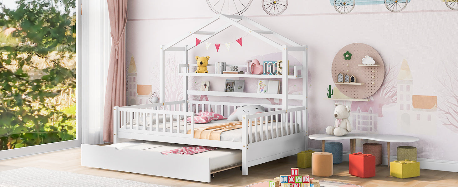 Wooden Full Size House Bed with Twin Size Trundle Kids Bed with Shelf White