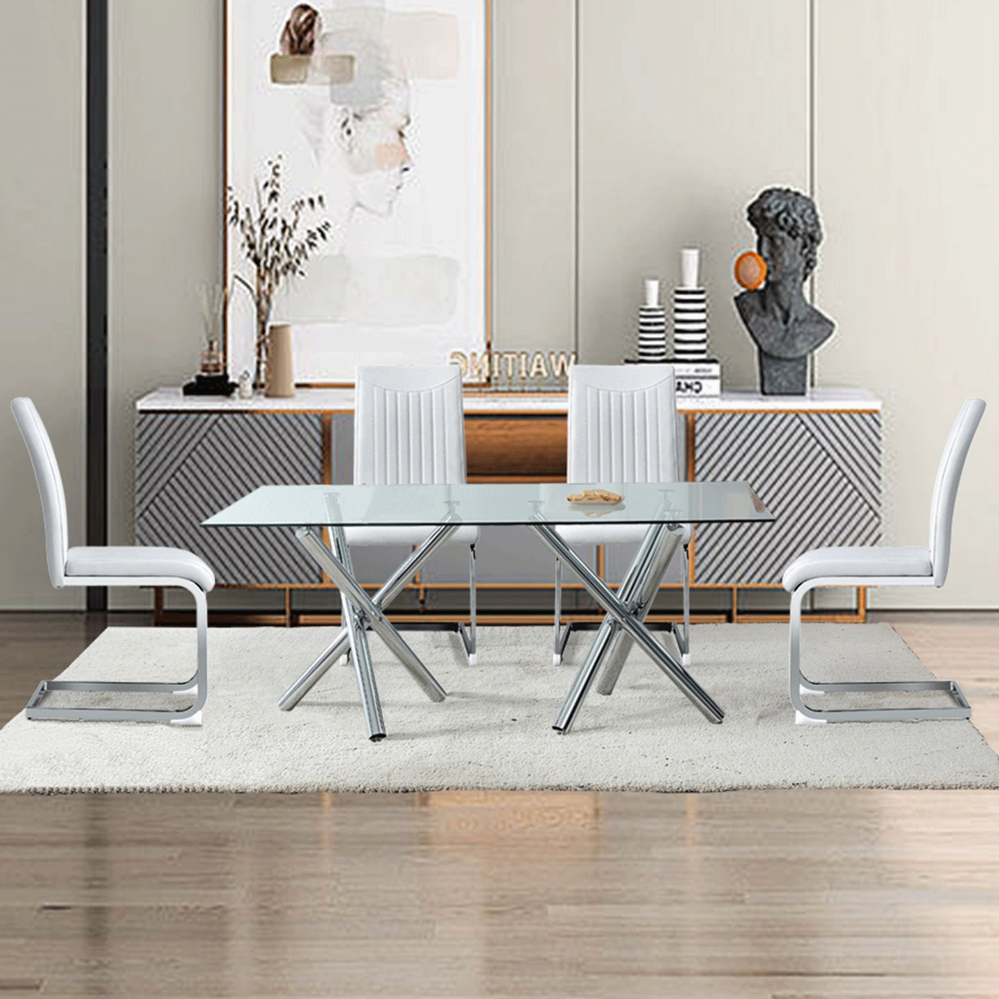 Large Modern Minimalist Rectangular Glass Dining Table for 6-8