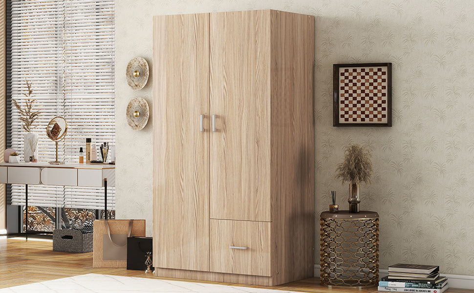 Wooden Wardrobe with Double Doors, Armoire with Hanging Rod, 5 Fixed Shelves, One Storage Drawer,Natural