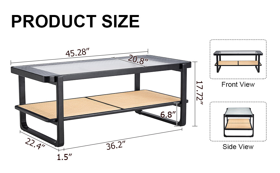 Modern minimalist rectangular double layer black solid wood imitation rattan coffee table