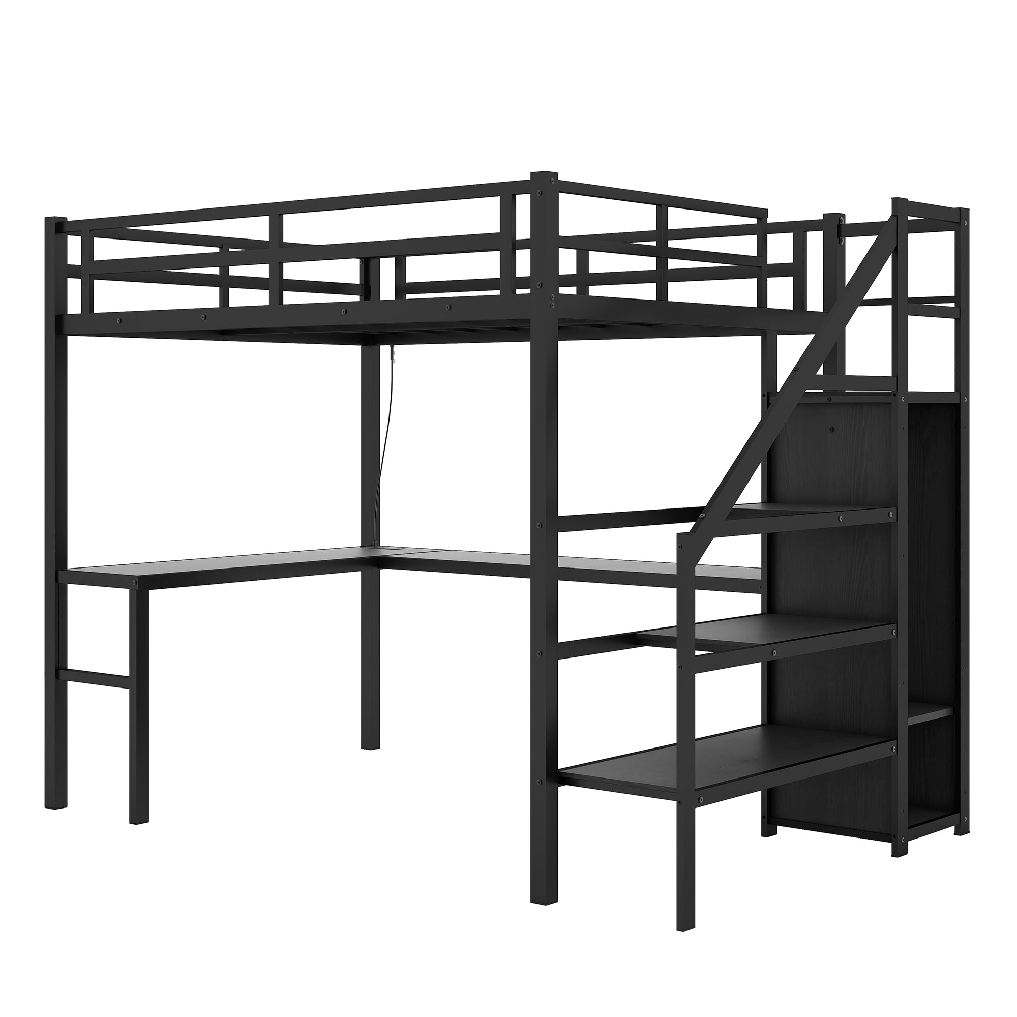 Full sized loft bed with L-shaped desk and USB, metal loft bed with wardrobe and adjustable shelf, black color