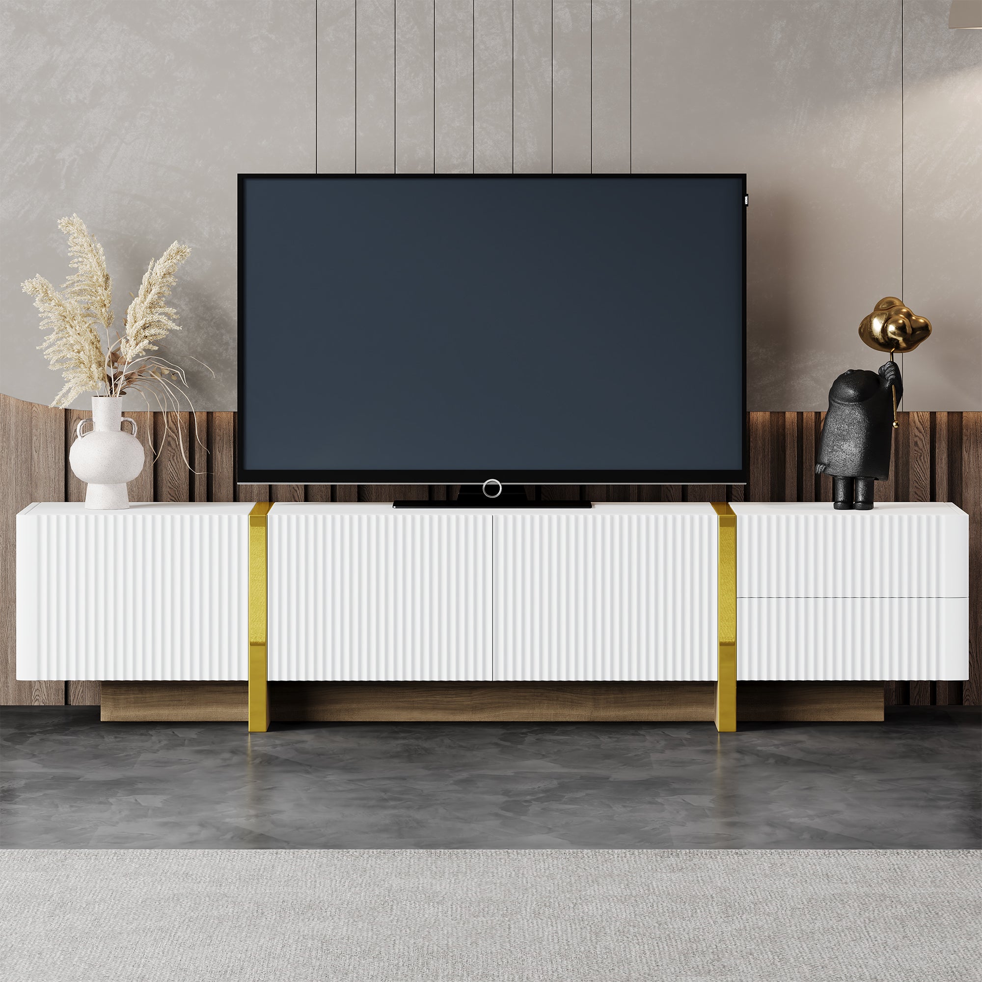 Luxury Fluted TV Stand for TVs Up to 80'', Modern Entertainment Center with Storage Cabinets & Drawer White