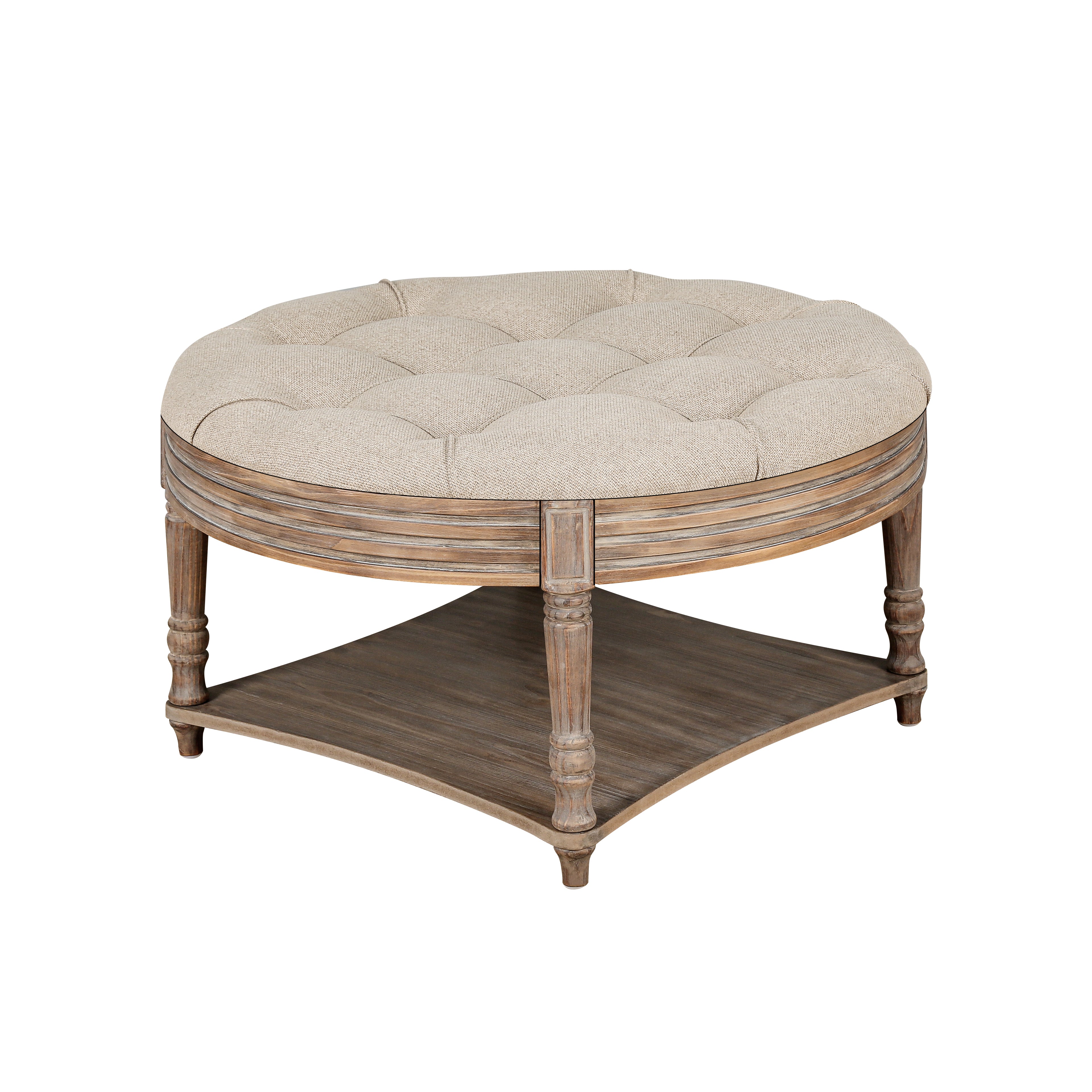 Large Round Ottoman Coffee Table 2 Tier Oversized Button Tufted Ottoman with Wooden Shelf Storage Farmhouse Upholstered Coffee