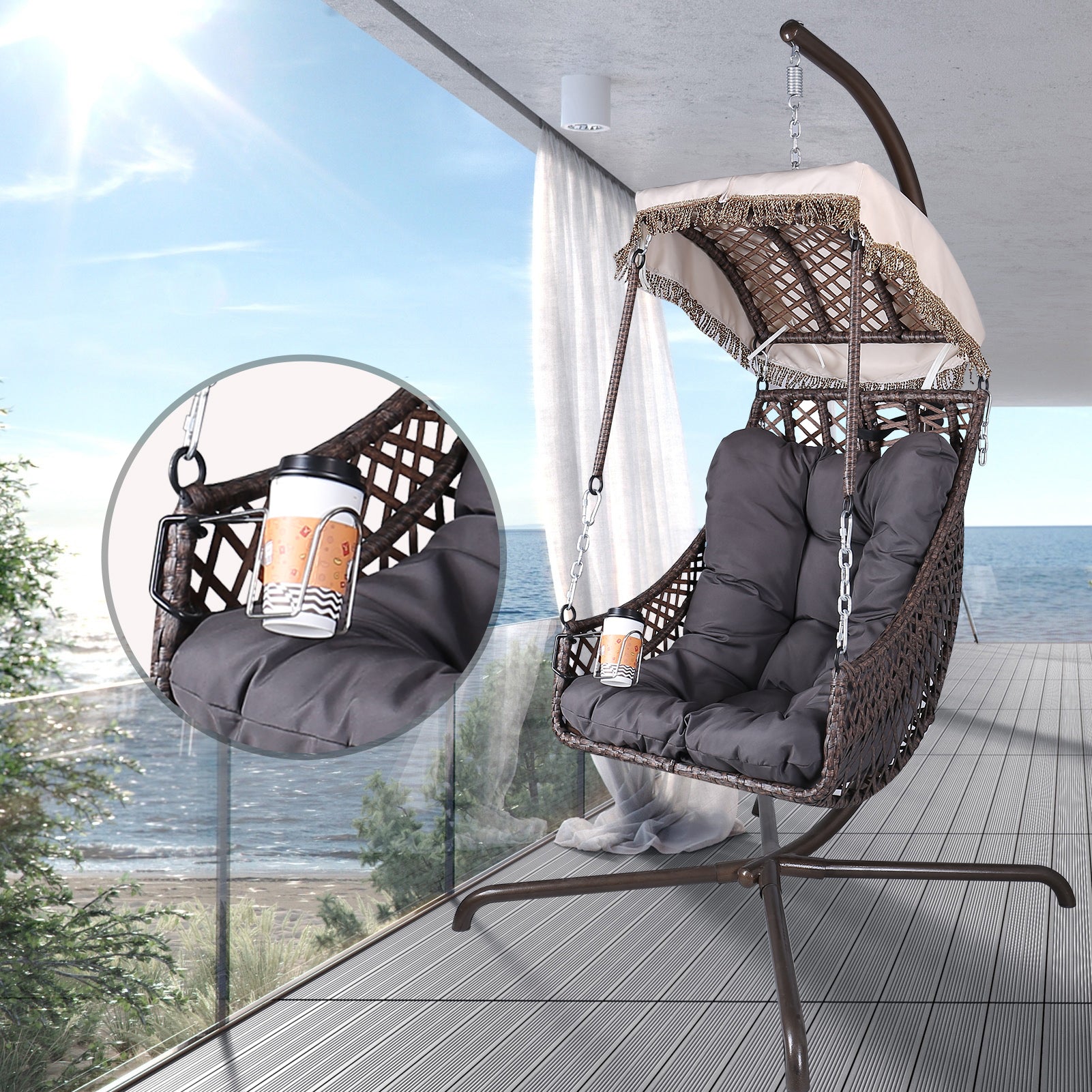 Swing Egg Chair with Stand Indoor Outdoor Wicker Rattan Frame 350lbs Capacity Hammock Chair