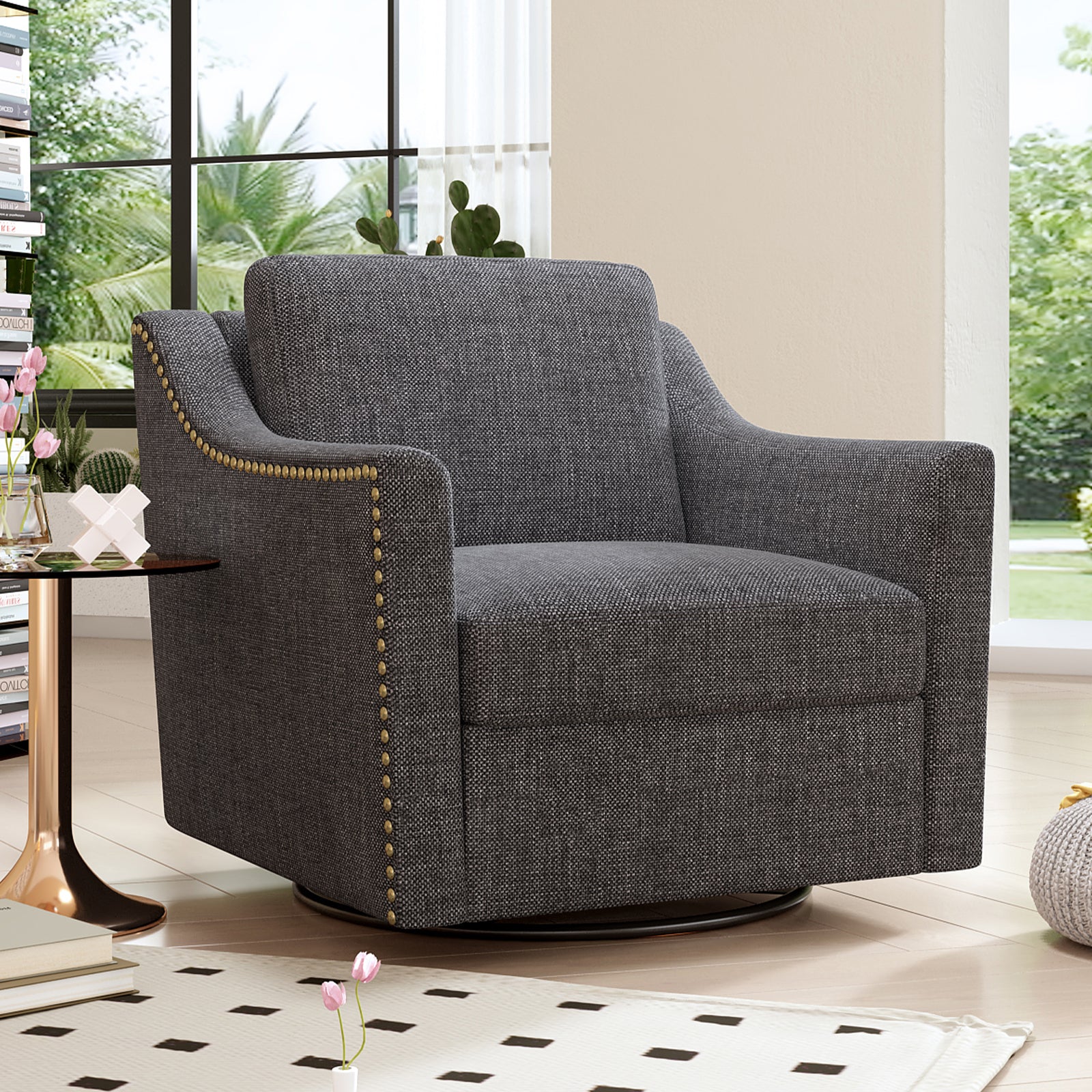 360 degree rotating cotton and linen armchair, decorated with brass nails, armchair Black+Gray