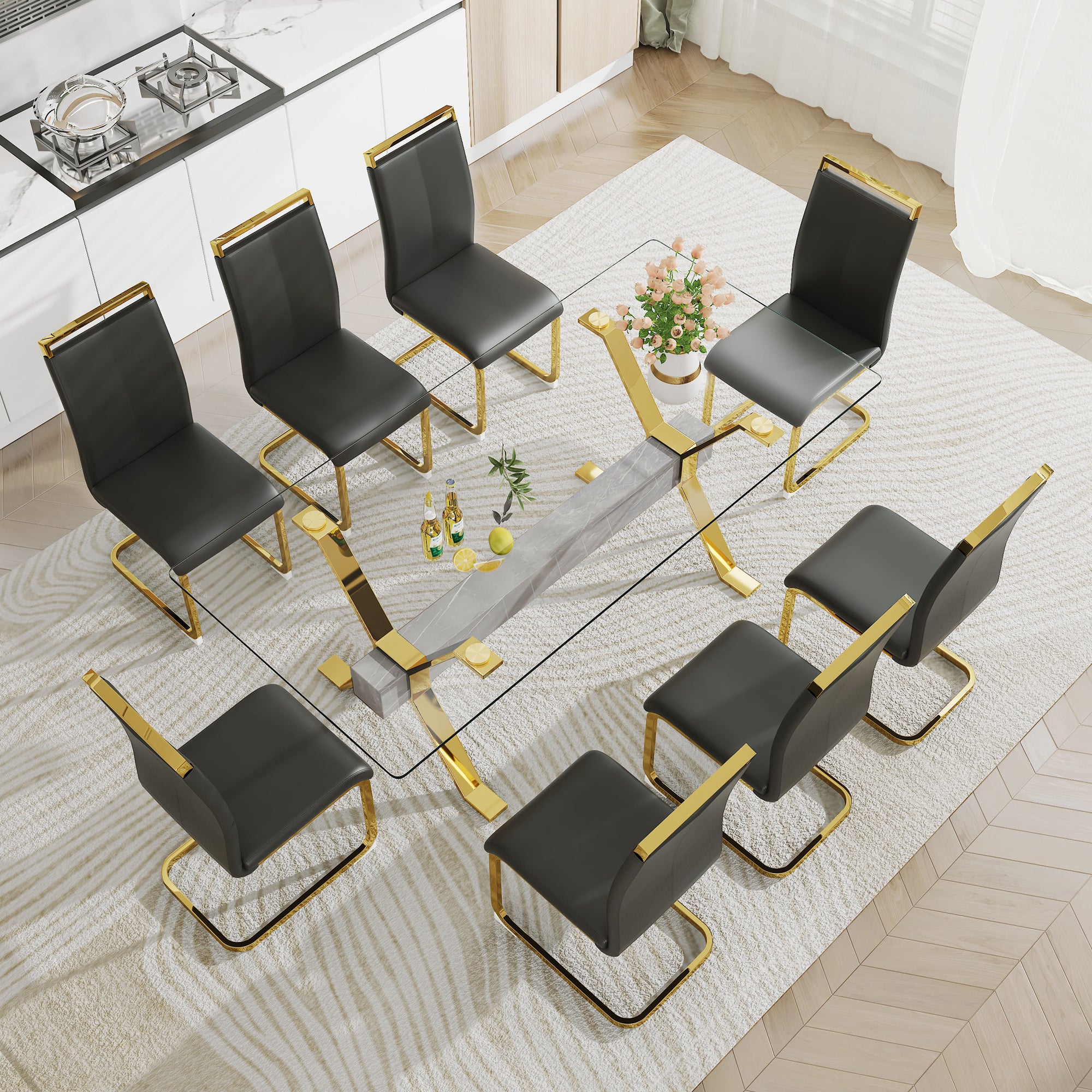 Dining table Modern tempered glass dining table Large modern office desk with gold plated metal legs and MDF crossbars