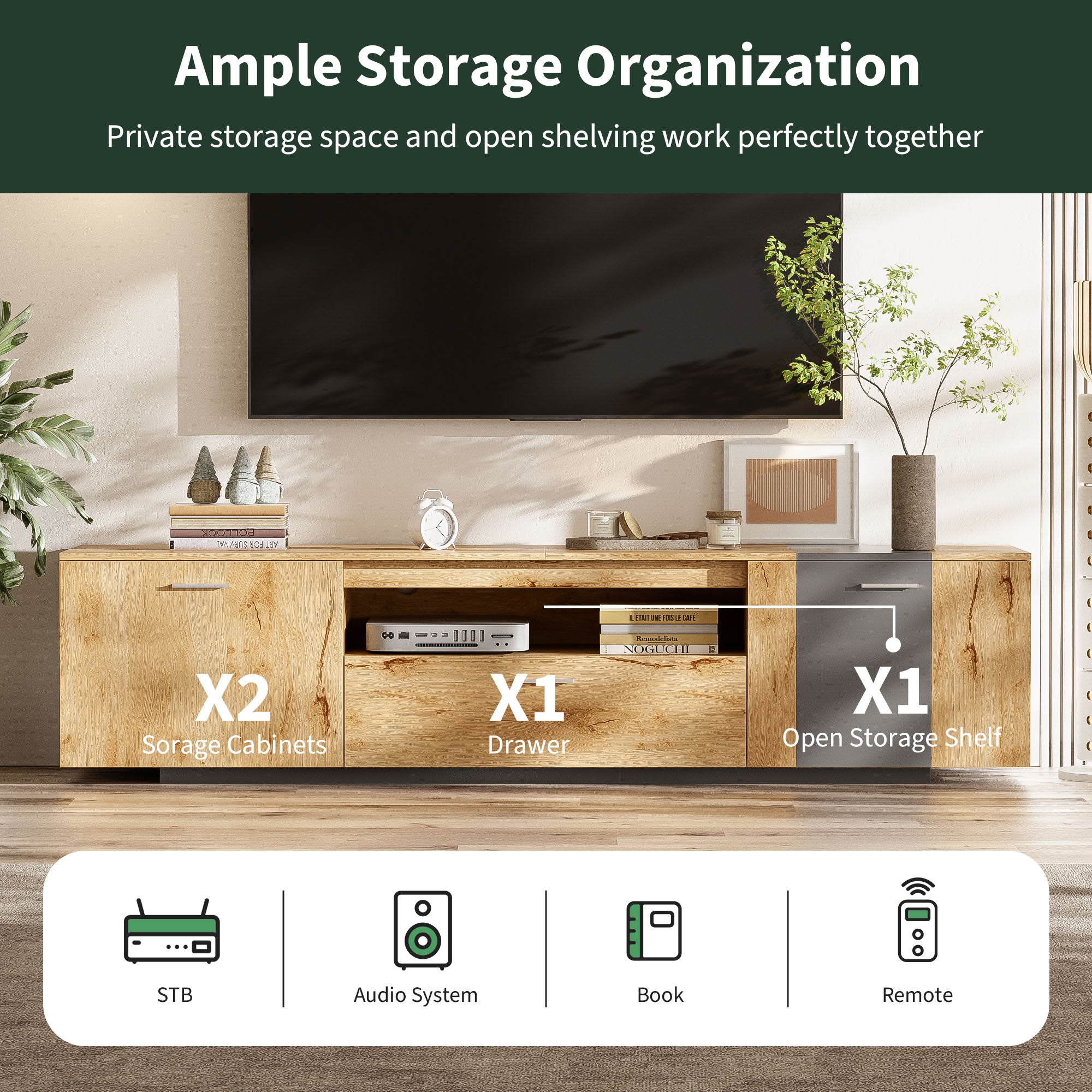 70 inch modern TV stand with 3 cabinets and drawers, entertainment center can accommodate TVs under 80 inches