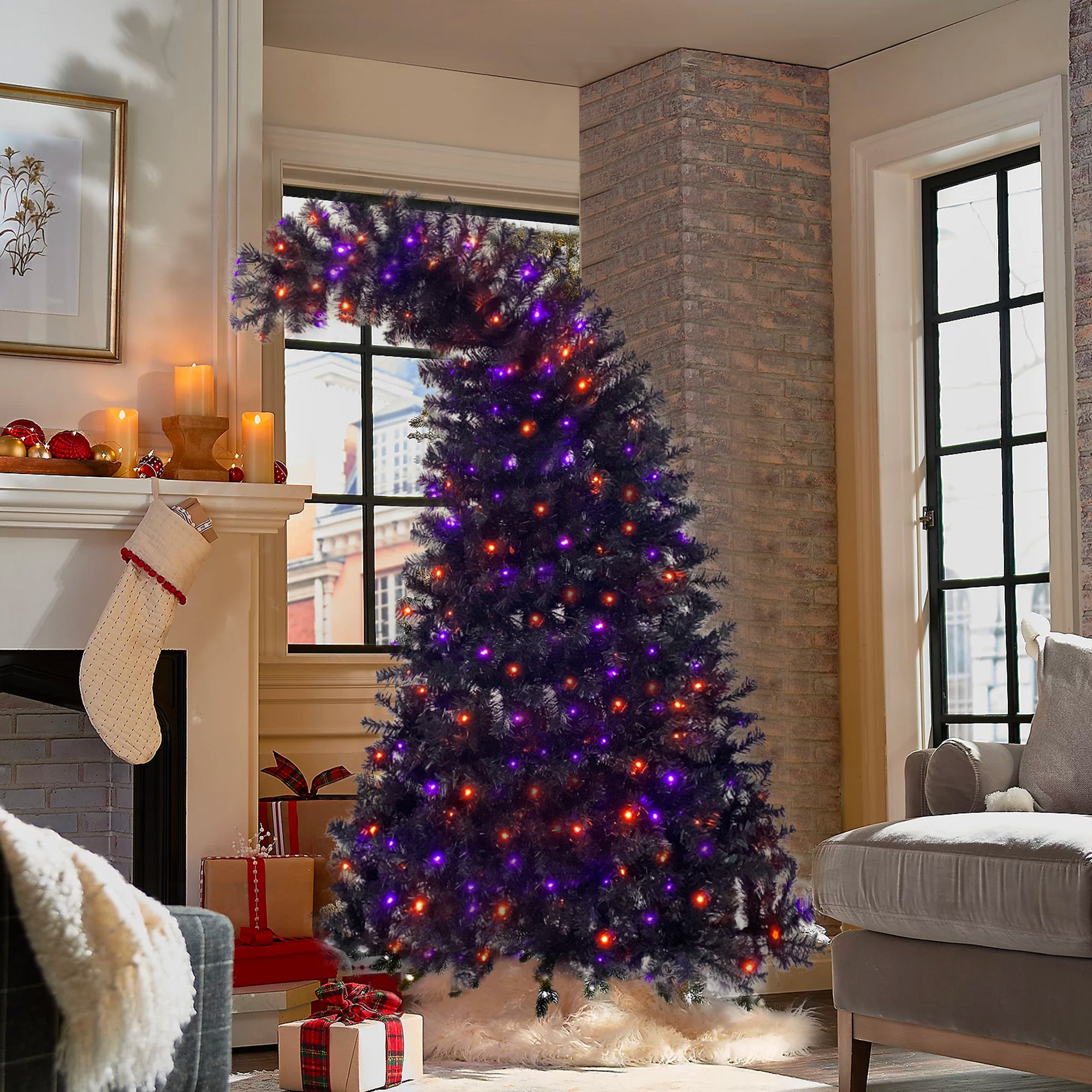 6FT artificial fir curved top Halloween tree, with 1080 lush branch tips and 300 LED lights in a Christmas and Halloween style