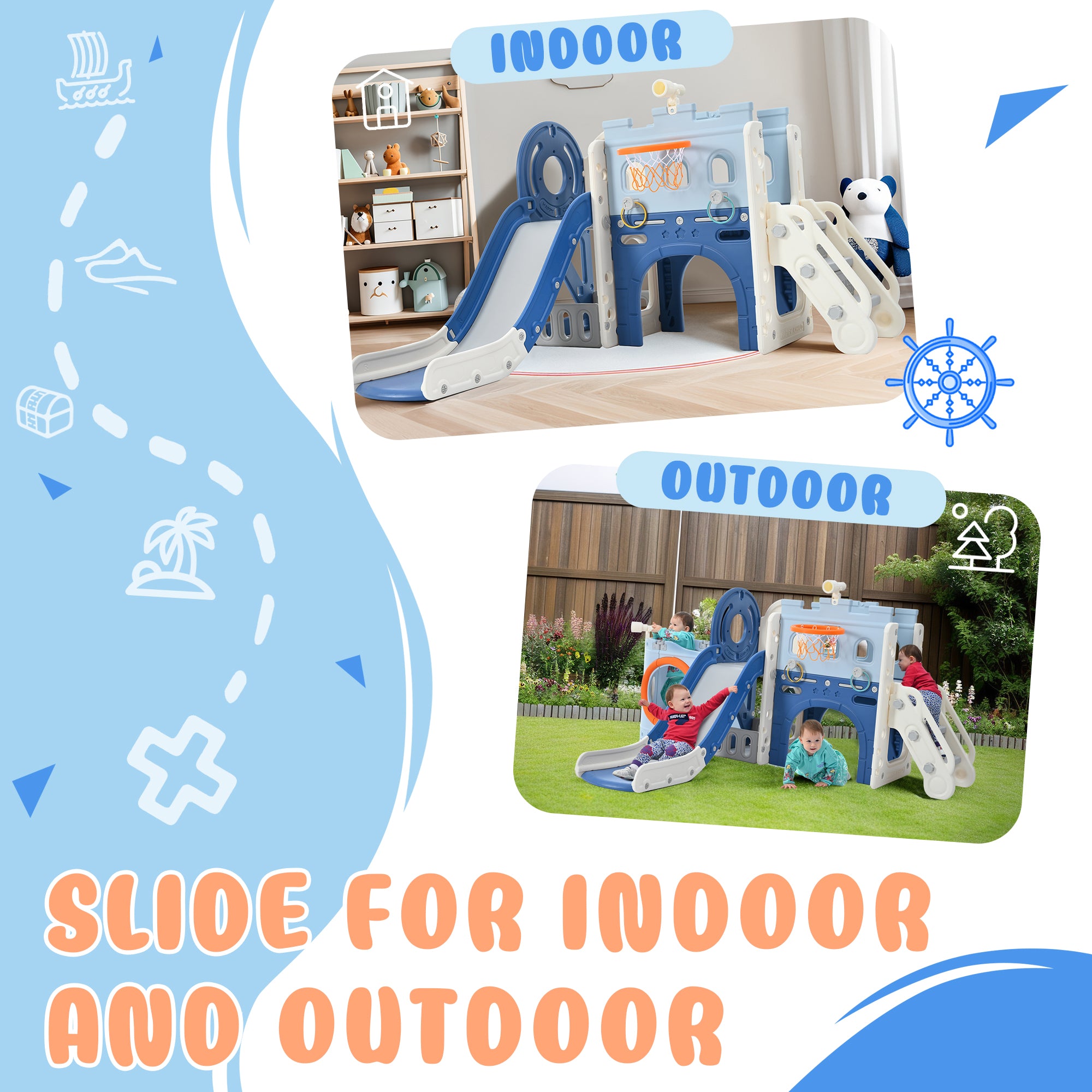 9-1 Toddler Slide Set,Kids Slide for Toddlers Ages 1+, Basketball Hoop, Tunnel and Storage Space, Pirate Ship Themed Slide