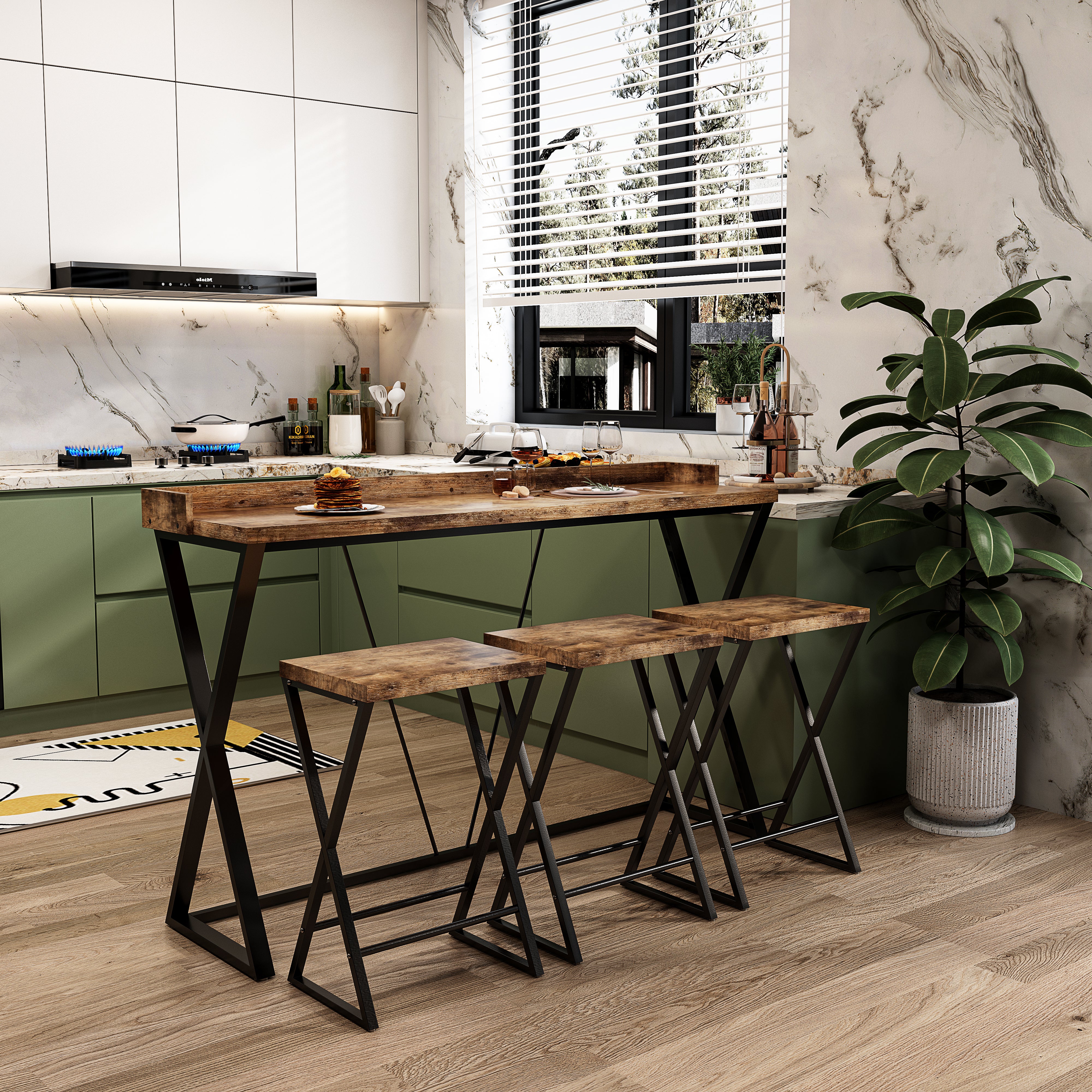 Modern Design Kitchen Dining Table Pub Table with X-Shaped Table Legs Long Dining Table Set with 3 Stools Natural