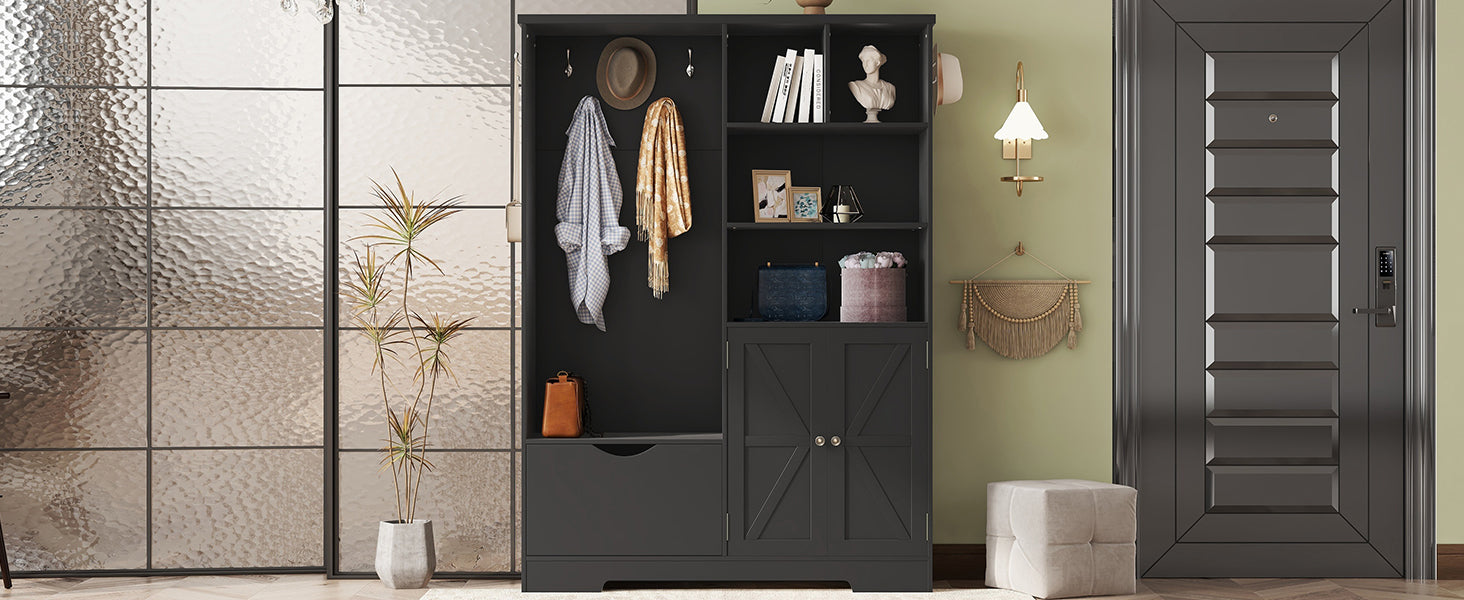 Multi-functional Hall Tree with Storage Shelves Drawers and Cabinet, Elegant Hallway Shoe Cabinet with Bench Modern Black