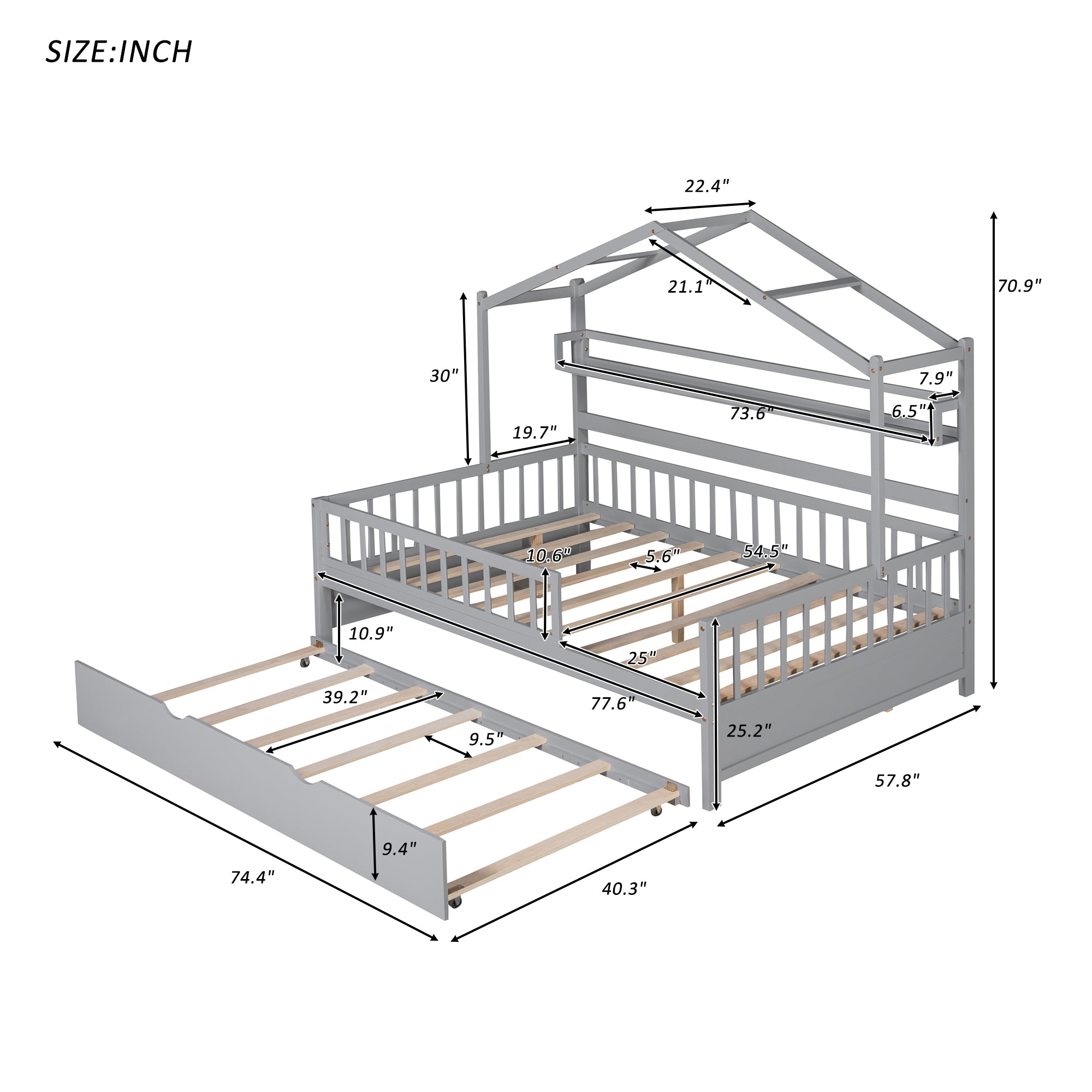 Wooden Full Size House Bed with Twin Size Trundle Kids Bed with Shelf Gray