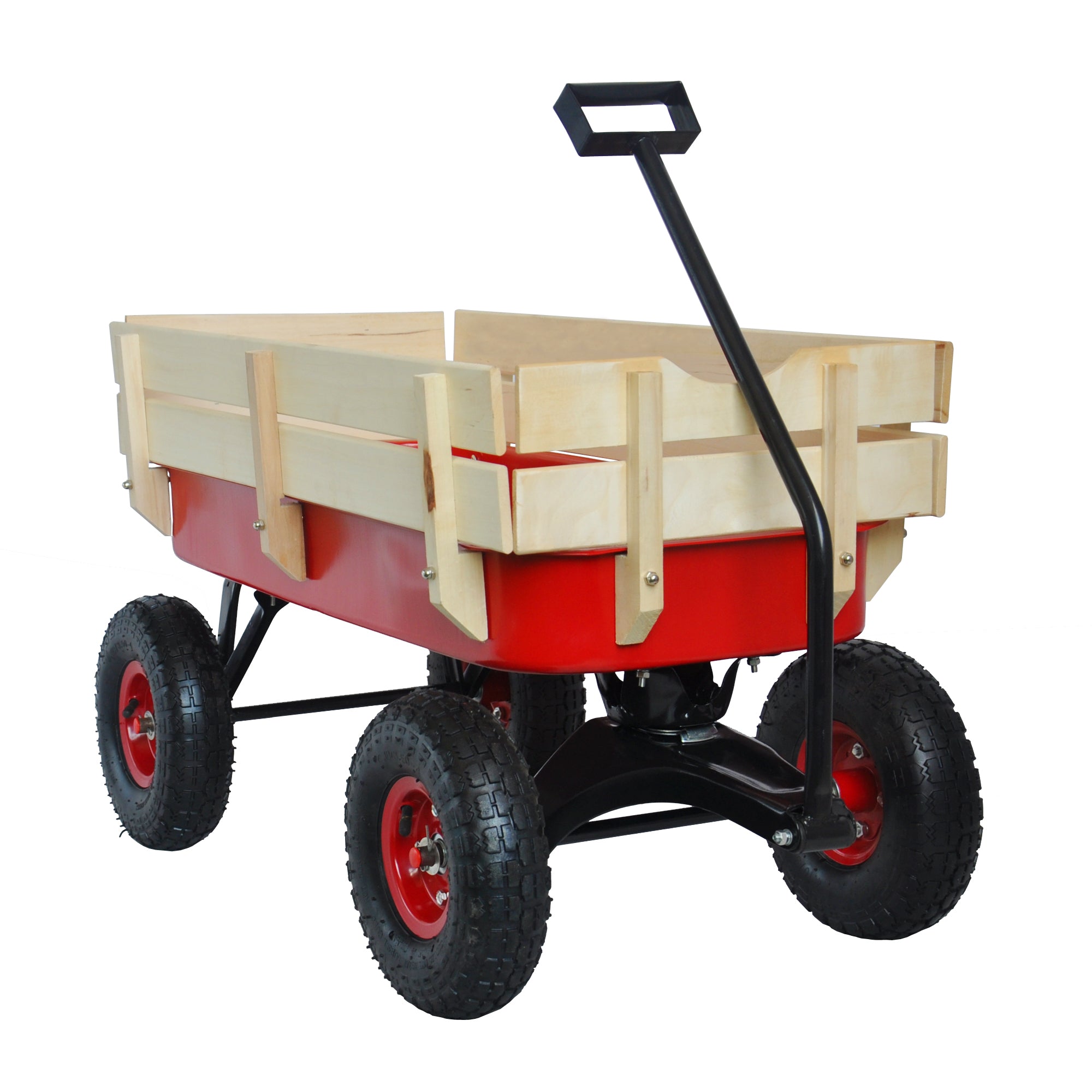 Outdoor Wagon All Terrain Pulling w/Wood Railing Air Tires Children Kid Garden（Red）