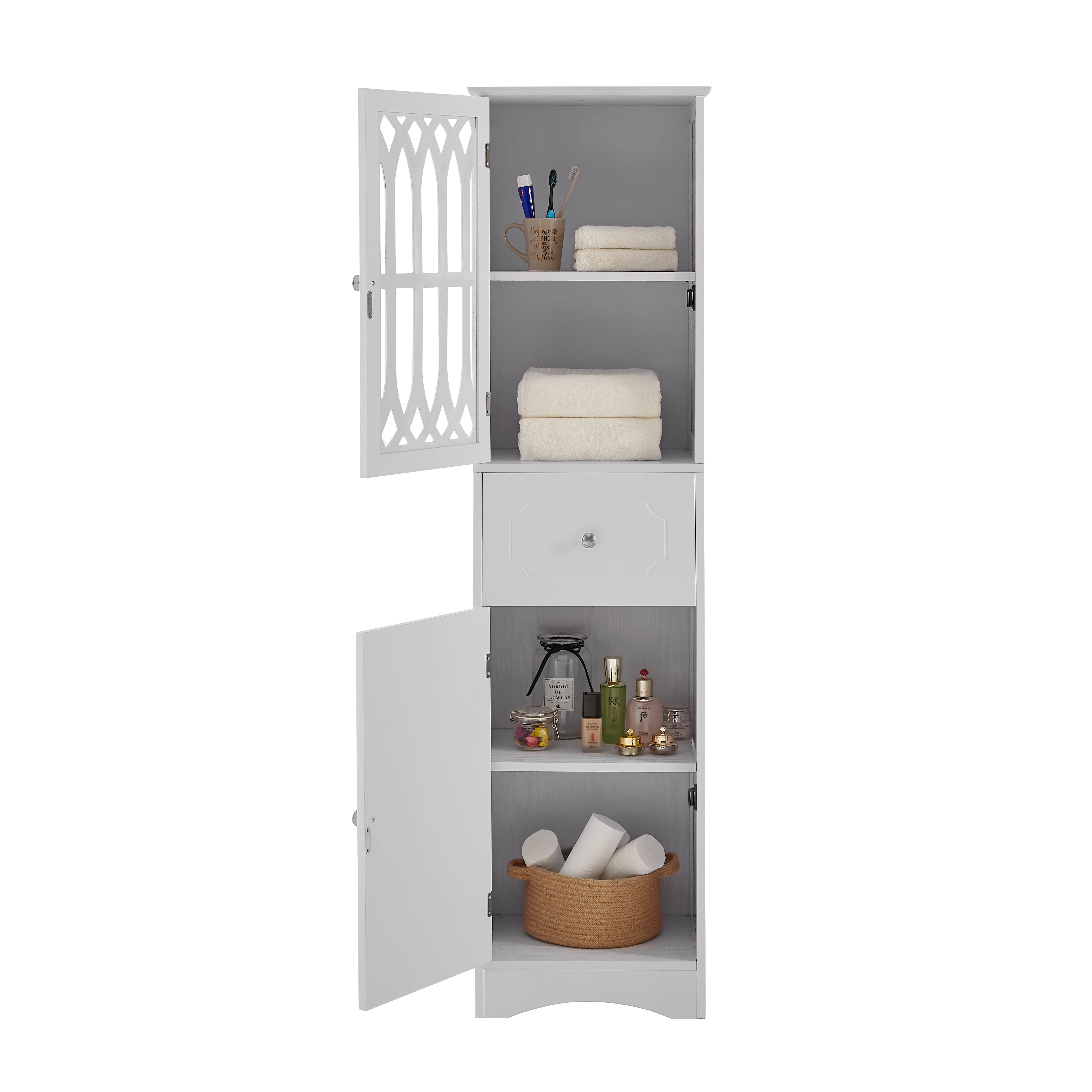 Tall Bathroom Cabinet, Freestanding Storage Cabinet with Drawer and Doors, MDF Board, Acrylic Door, Adjustable Shelf, White