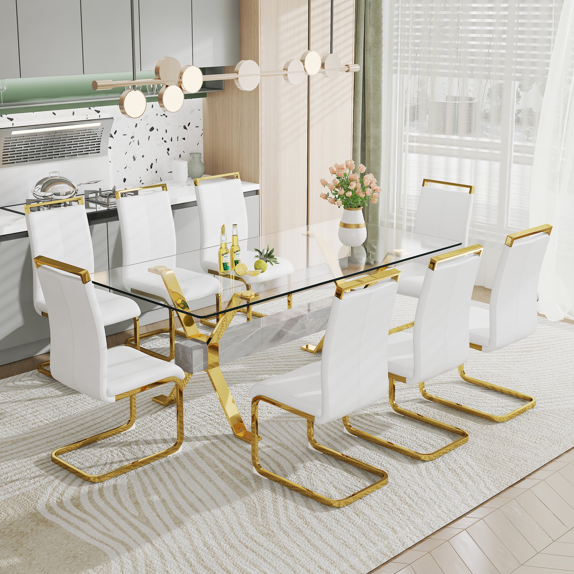 Dining table Modern tempered glass dining table Large modern office desk with gold plated metal legs and MDF crossbars