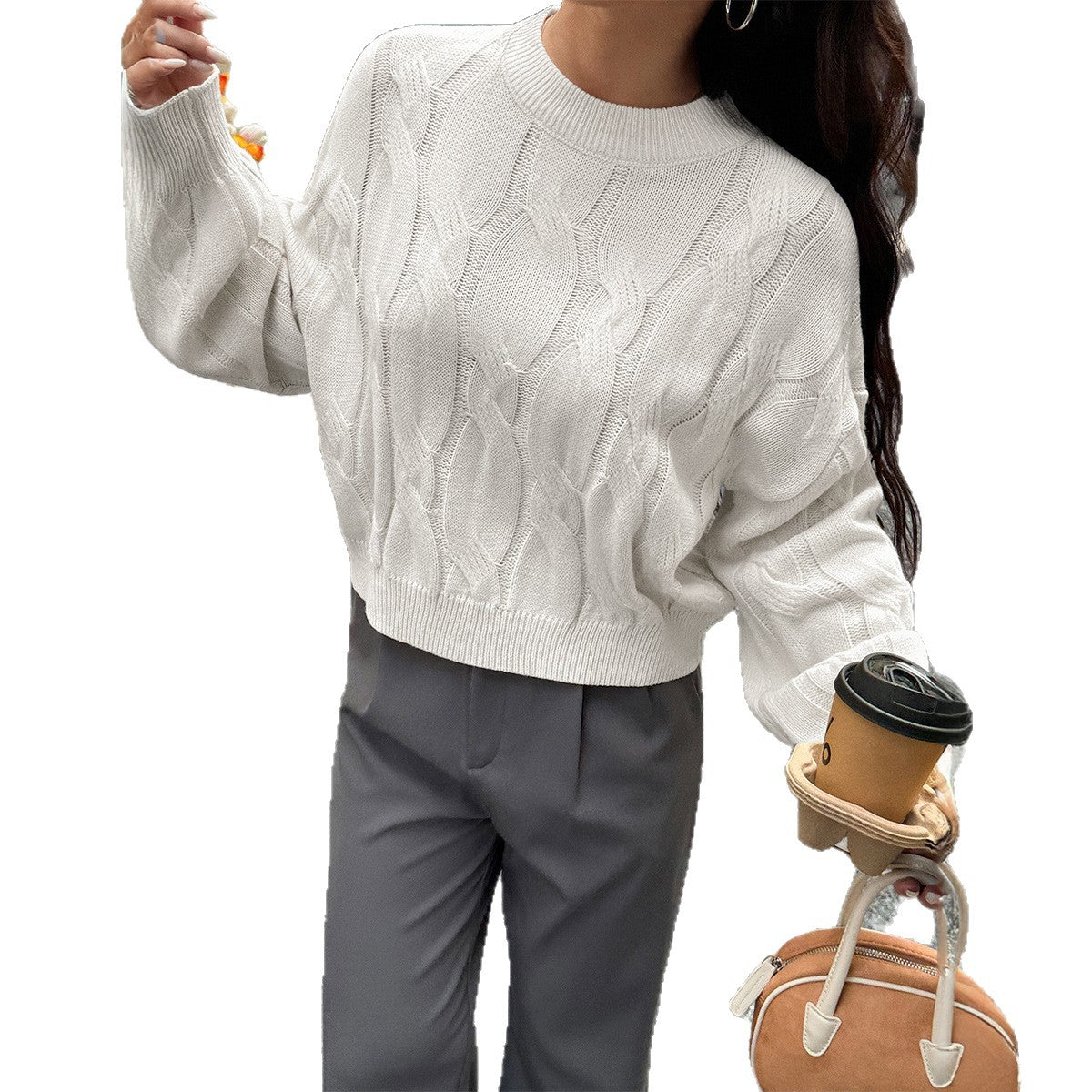 Solid color long sleeved sweater top woven with wool