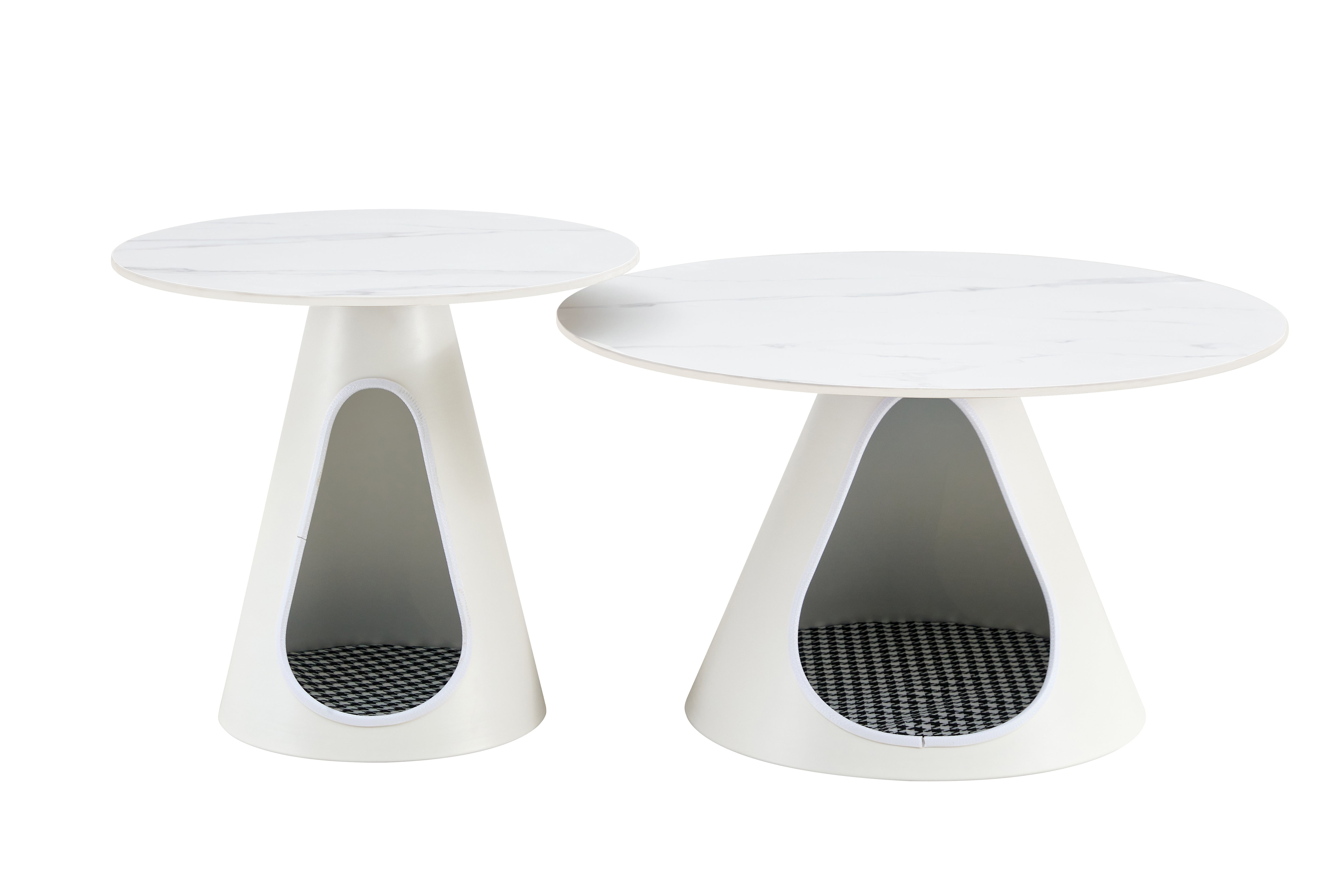 set of 2 coffee round tables with a marble-look top and steel base with 2 cat beds multifunctional and stylish entable