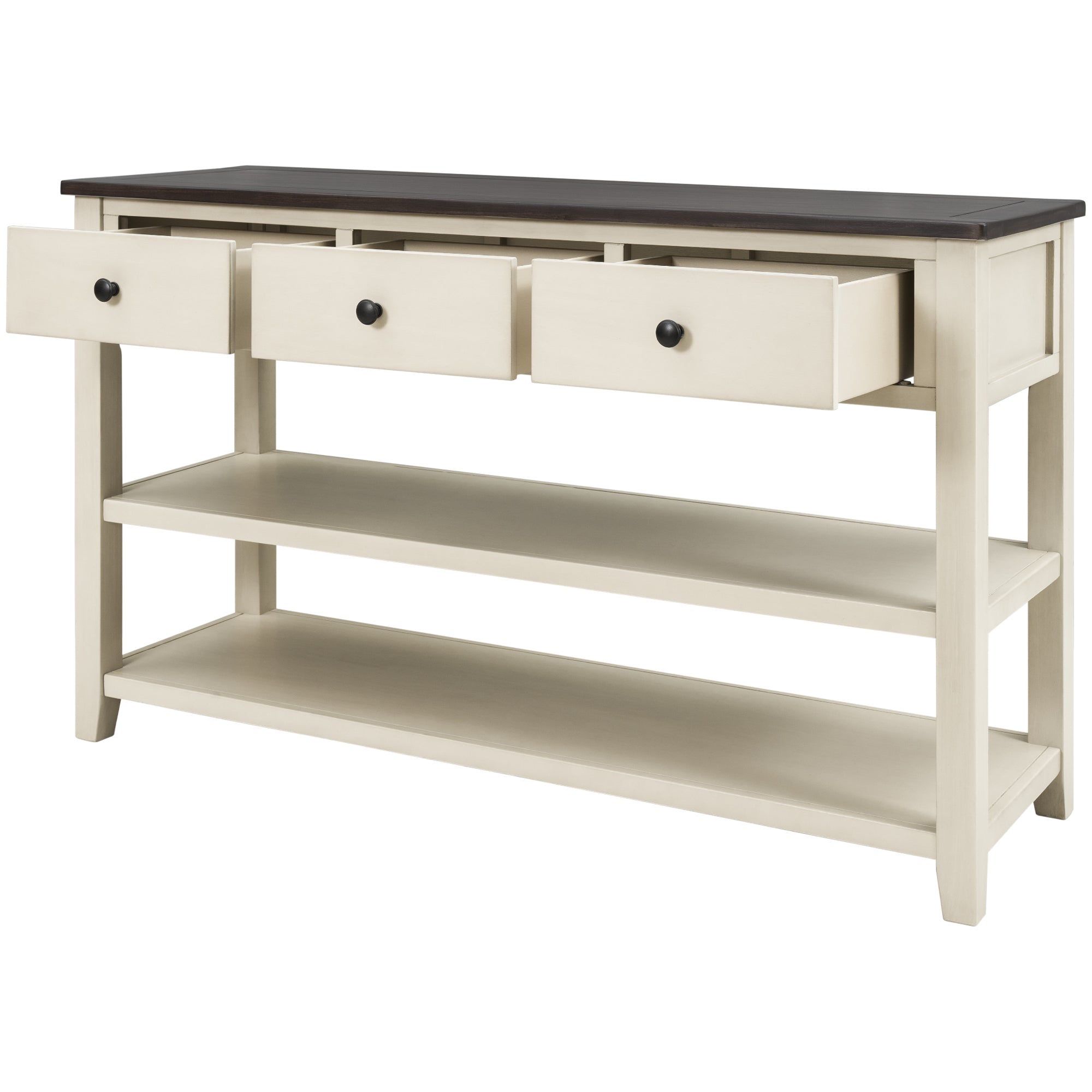 Retro Design Console Table with Two Open Shelves, Pine Solid Wood Frame and Legs for Living Room (Espresso+Beige)