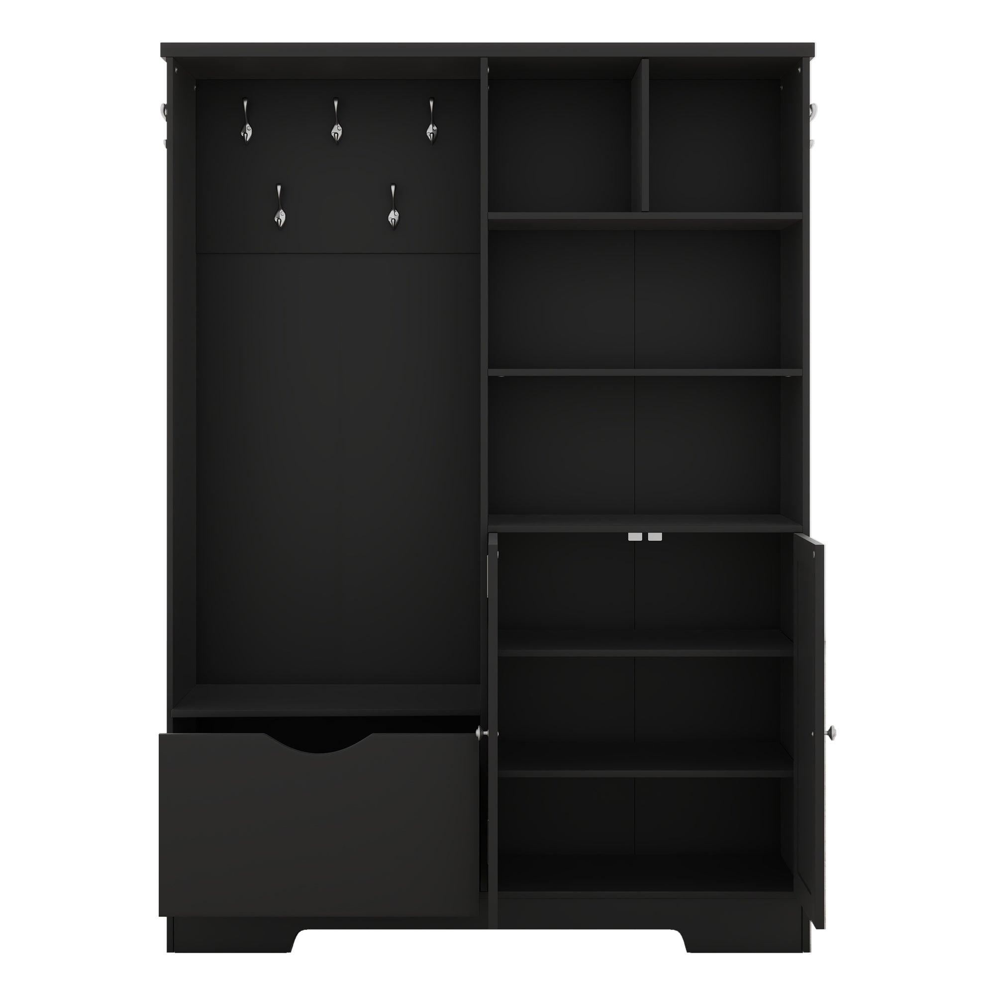 Multi-functional Hall Tree with Storage Shelves Drawers and Cabinet, Elegant Hallway Shoe Cabinet with Bench Modern Black