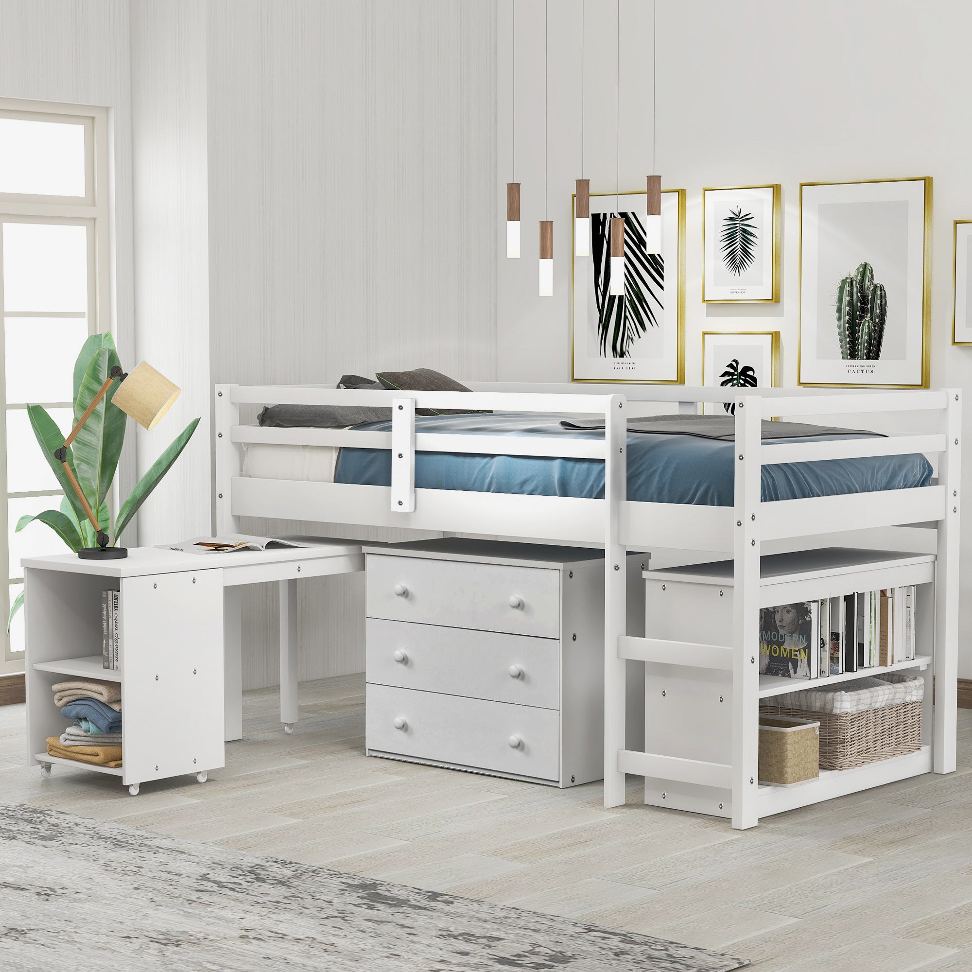 Low Study Twin Loft Bed with Cabinet and Rolling Portable Desk - White (OLD SKU :LP000113AAK)