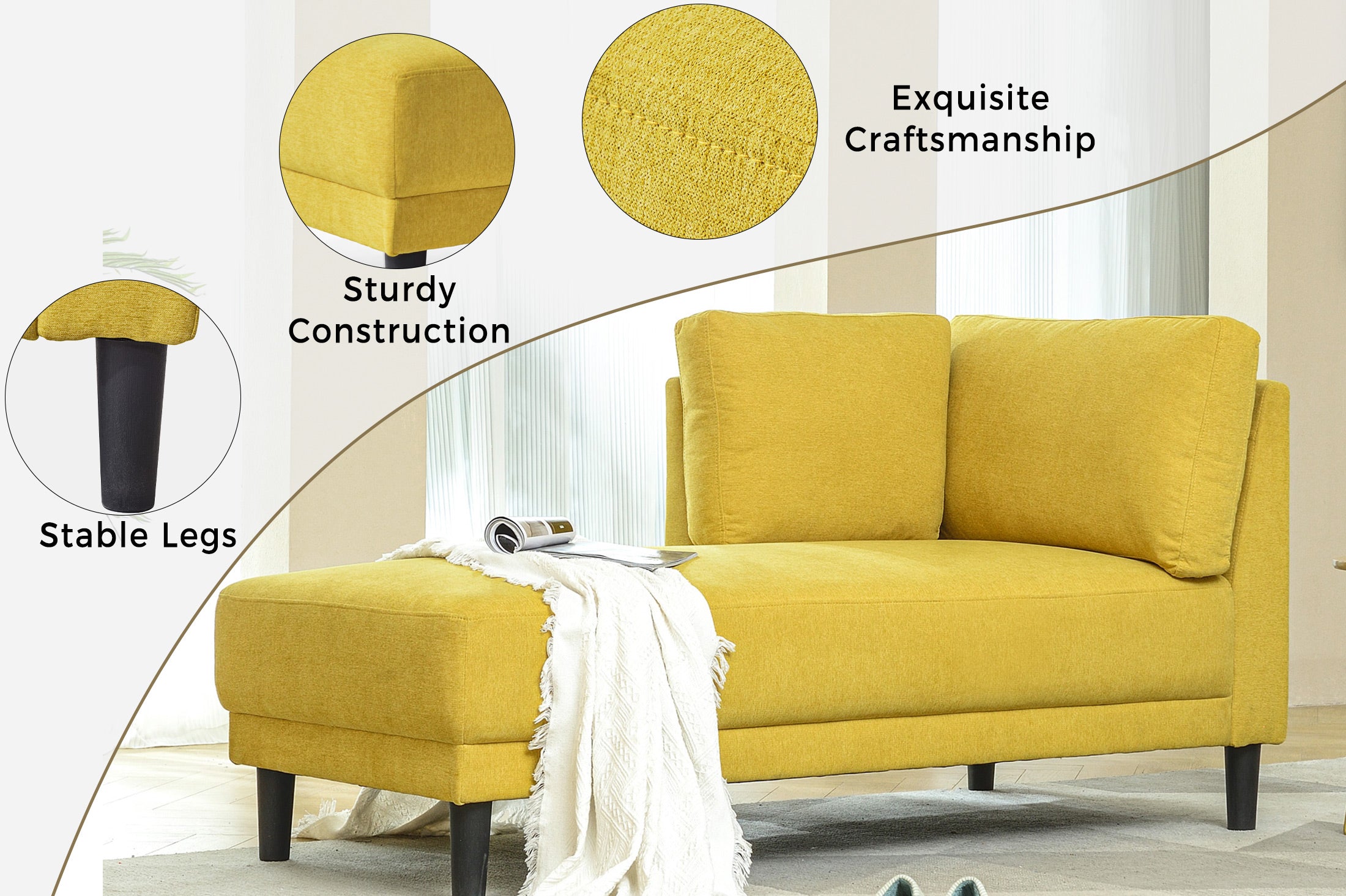 65" Mid-Century Modern Fabric Corner Lounge Chair Upholstered Indoor Chaise Lounge for Bedroom