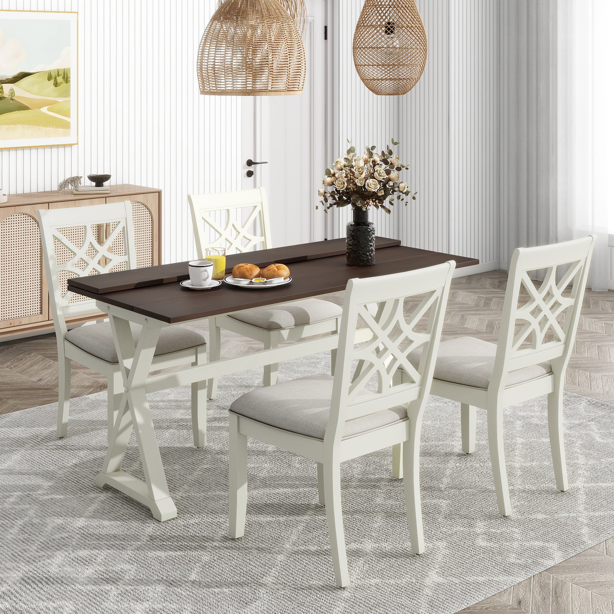 TOPMAX 5-piece set of 62 * 35.2-inch retractable dining table with X-shaped legs, two 8.8-inch flip beige dining chairs