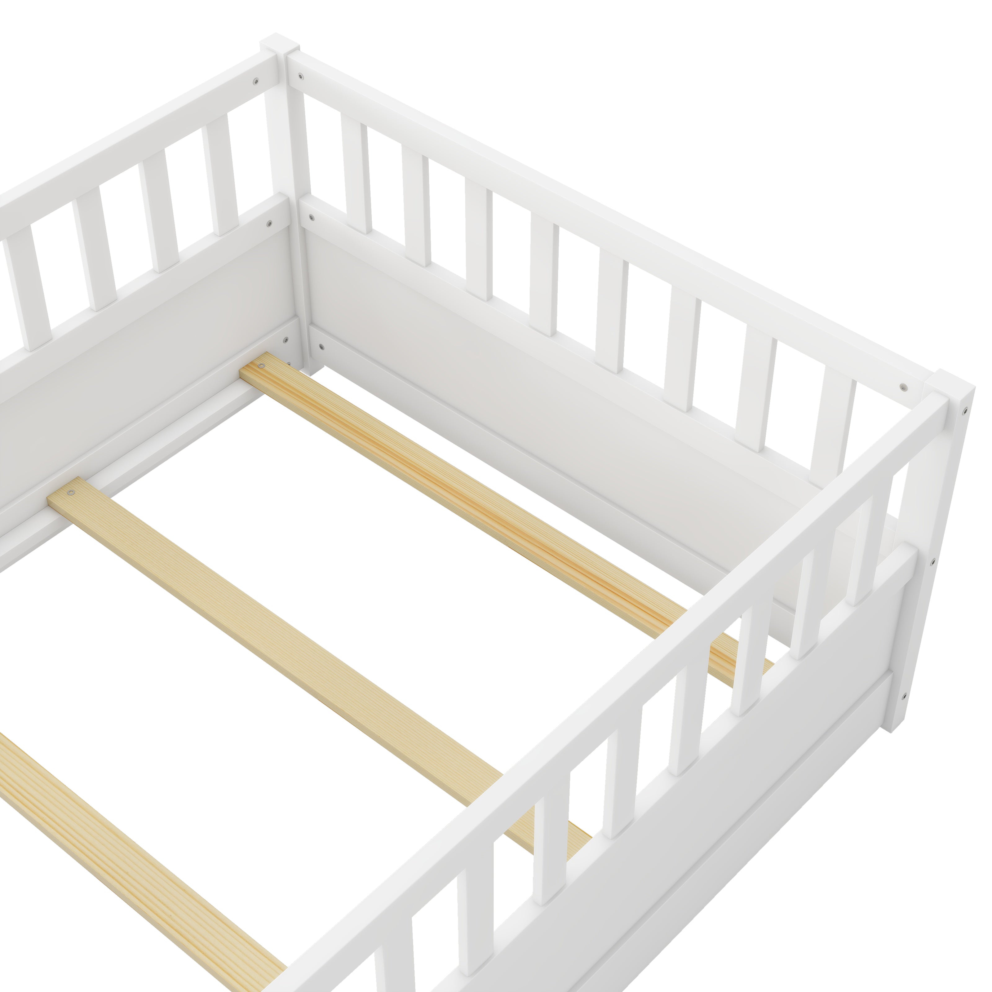 Double bed floor standing bed, ultra-high safety barrier door, children's floor standing bed frame, Montessori wood white