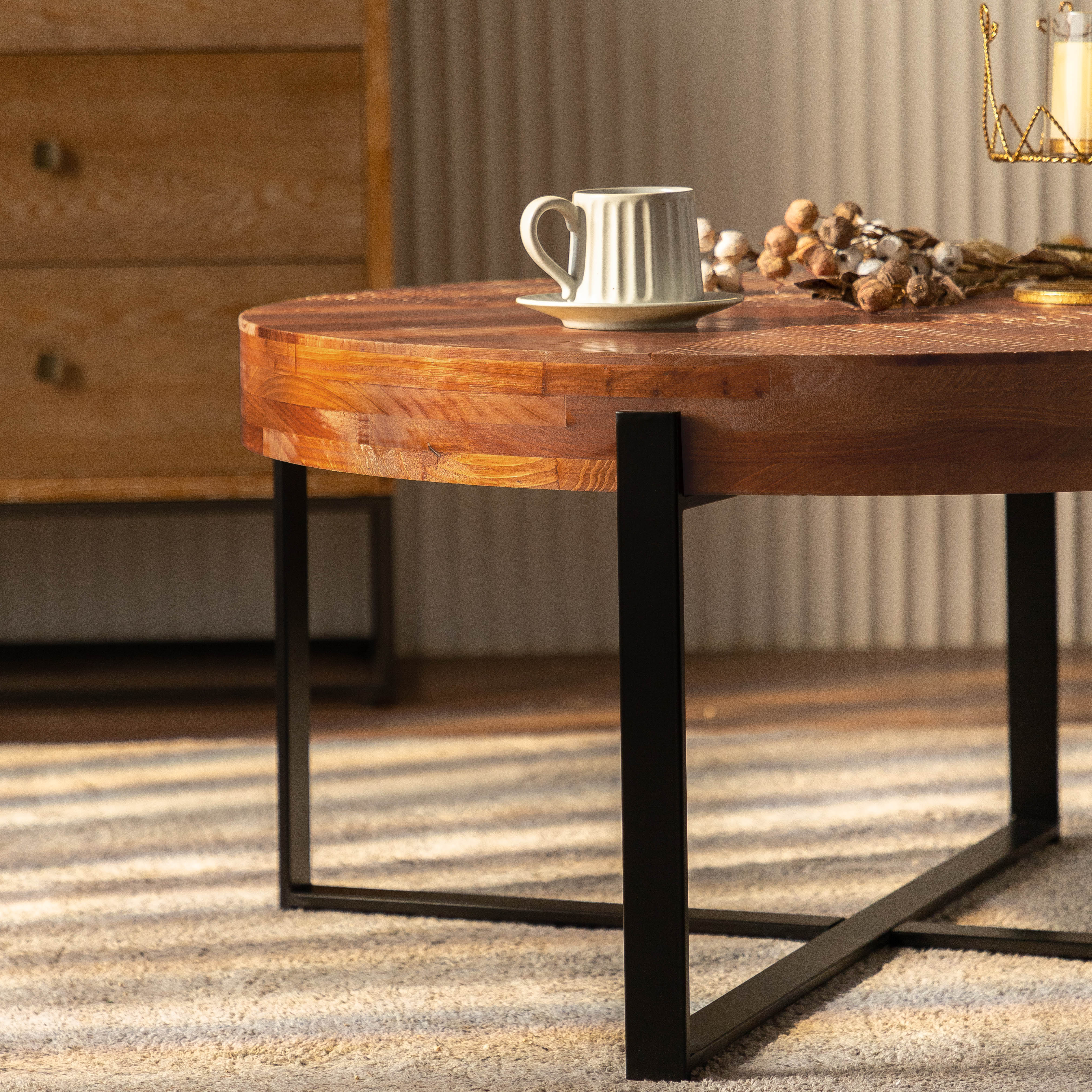 33.86"Modern Retro Splicing Round Coffee Table Fir Wood Table Top with Black Cross Legs Base(Same SKU:W757126237)