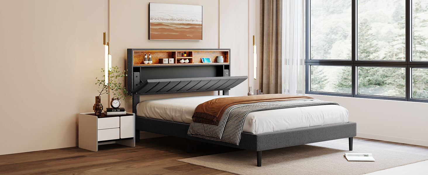 Queen Size Upholstered Platform Bed with Storage Headboard and USB Port Linen Fabric Upholstered Bed (Gray)