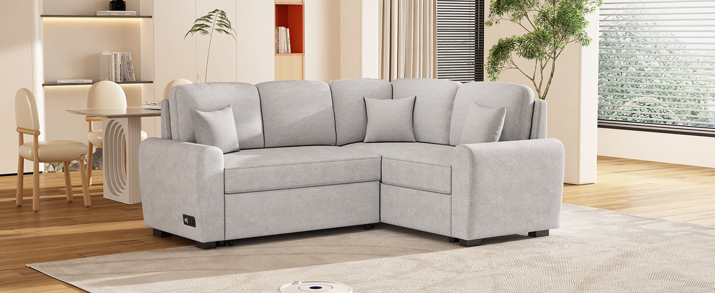 87.4"Sectional Sleeper Sofa with USB Charging Port and Plug Outlet Pull-Out Sofa Bed with 3 Pillows Grey