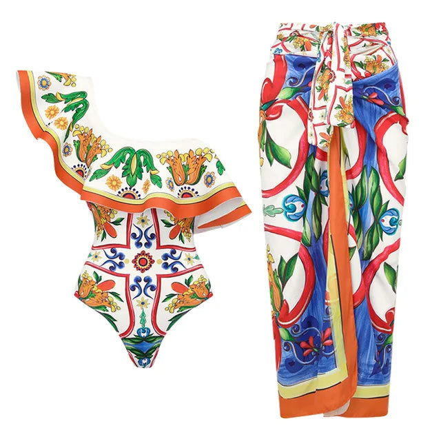 New Women's Lotus Edge Enamel Print Beach Vacation One Piece Swimwear Set