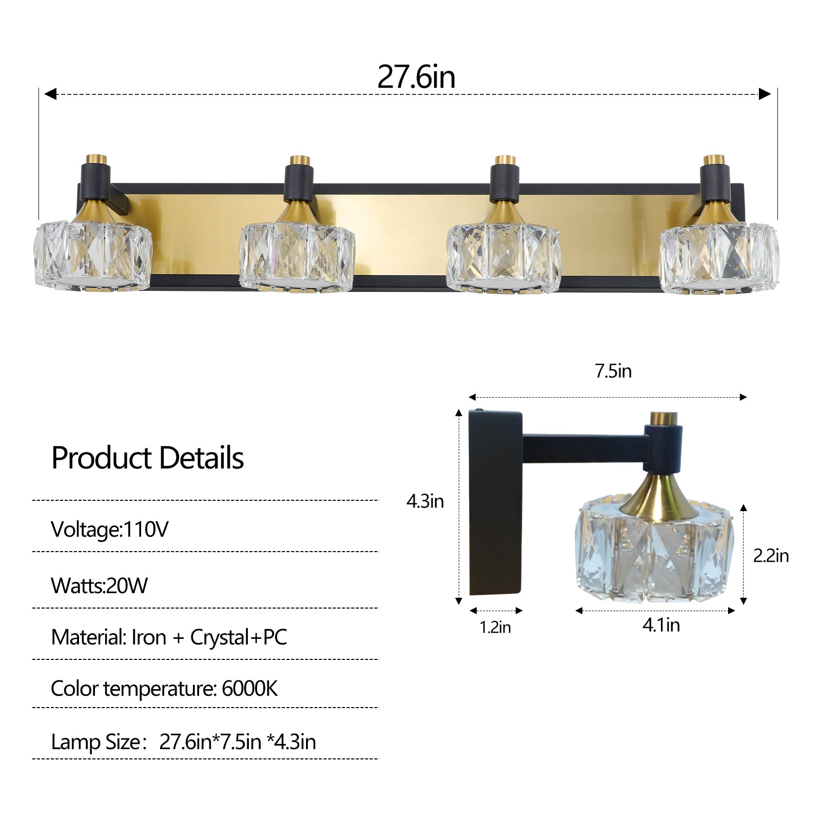 LED 4-Light Modern Crystal Bathroom Vanity Light Over Mirror Bath Wall Lighting  Fixtures