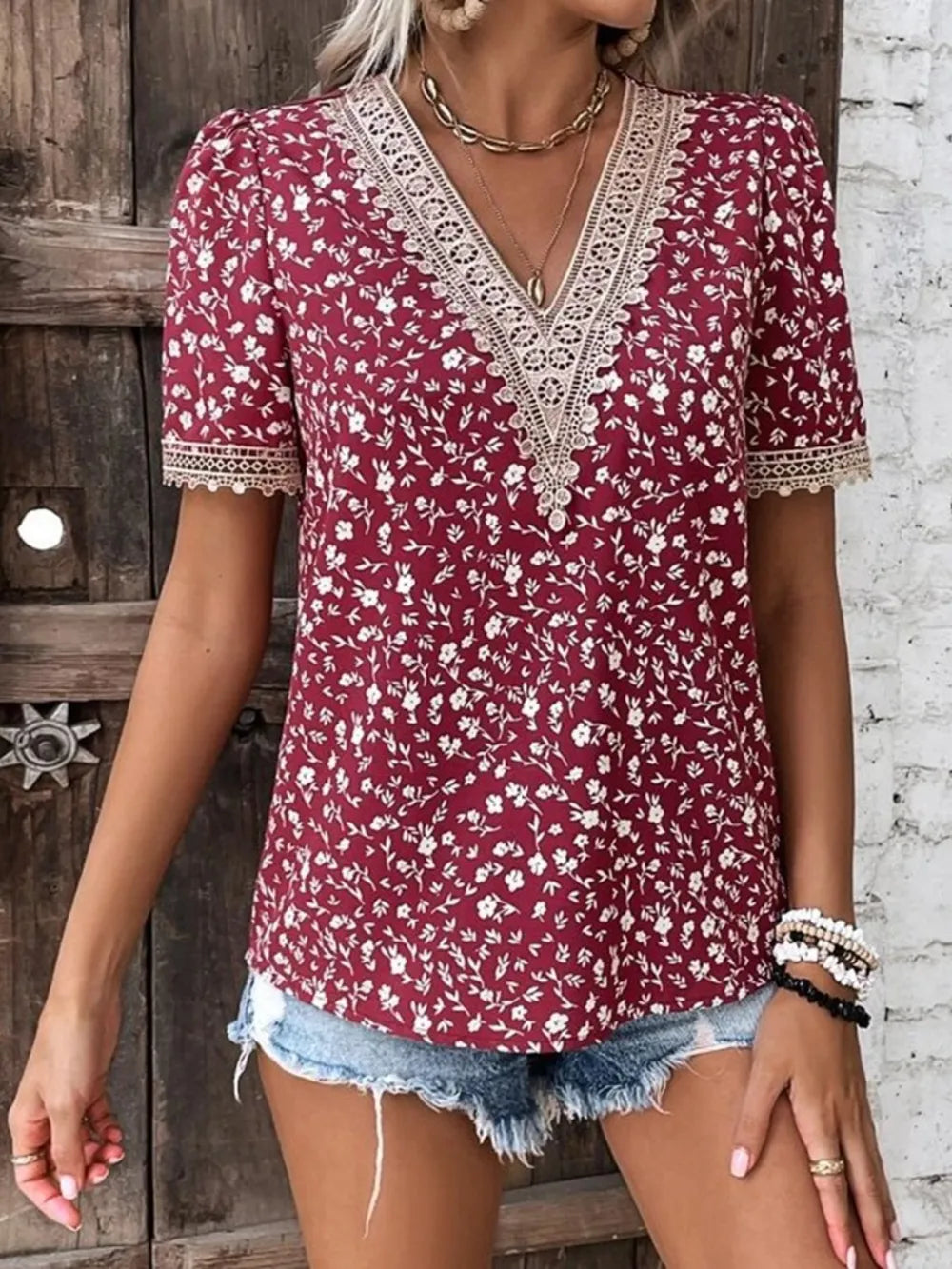 Women's V-neck lace casual solid color shirt