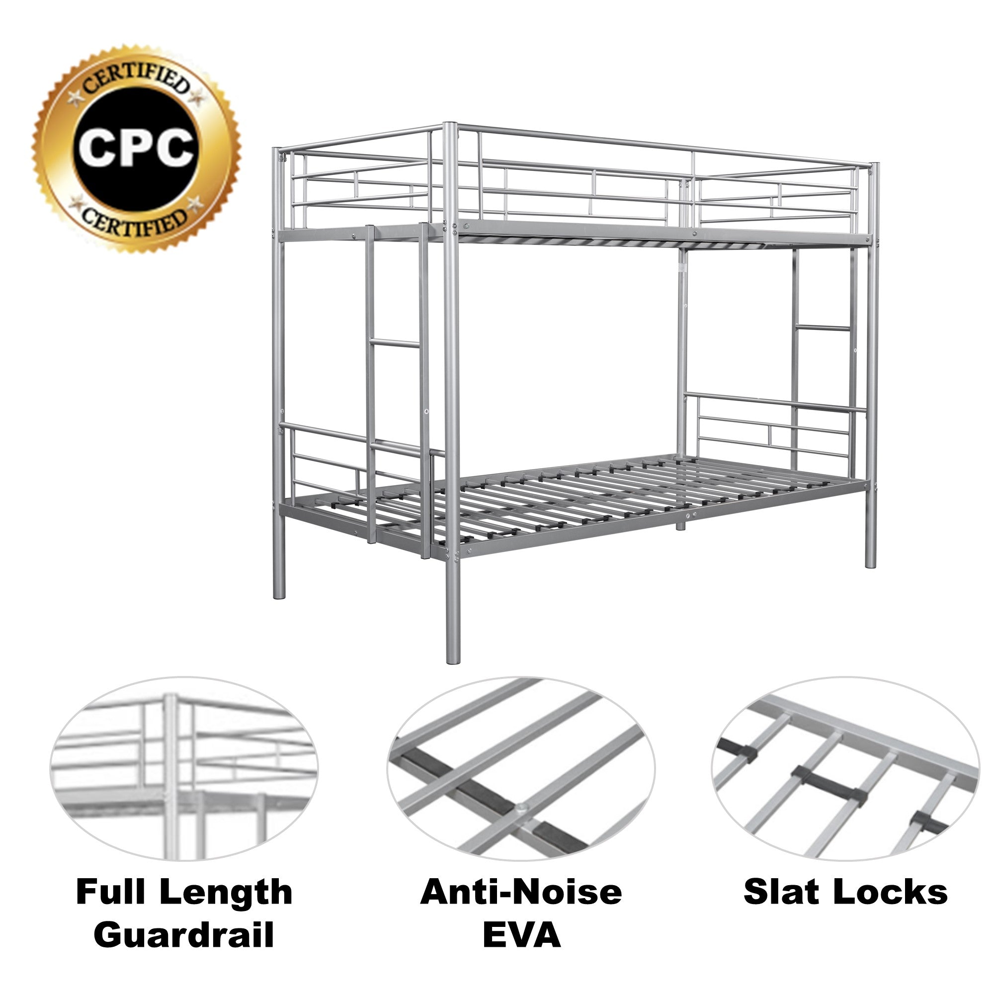 Metal bunk bed/sturdy/noise reduction/2 side ladders/safety guardrails/CPC certification/no spring box required (Silver)