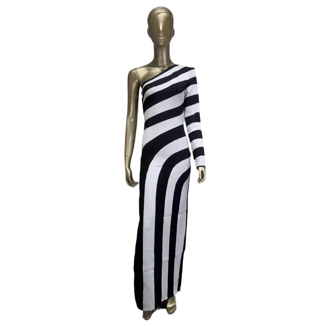 Zebra print single shoulder long sleeved open leg bandage dress banquet party dress