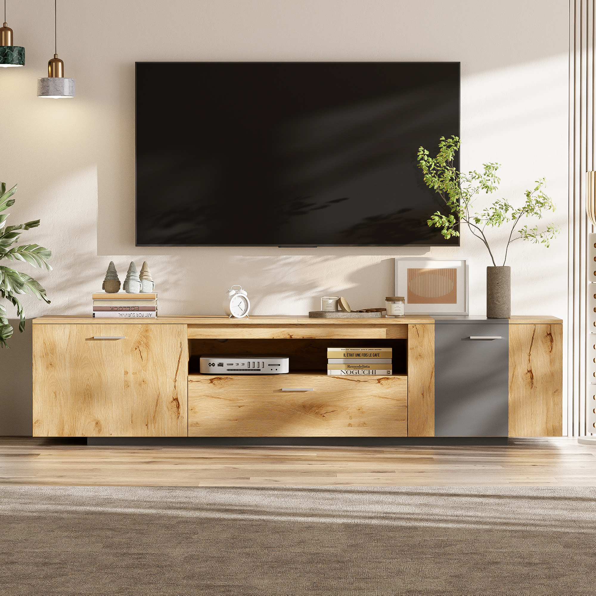 70 inch modern TV stand with 3 cabinets and drawers, entertainment center can accommodate TVs under 80 inches