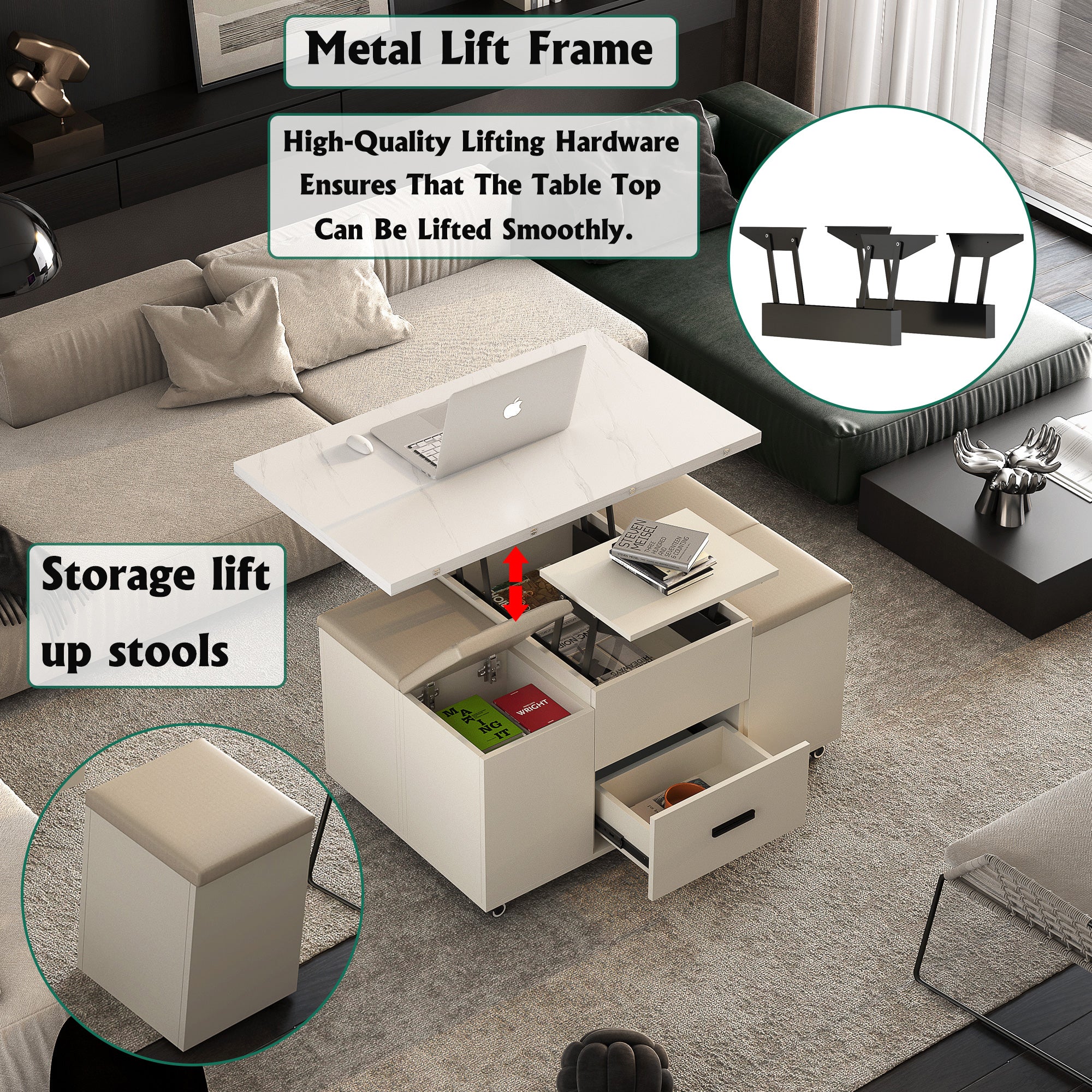 Modern lift coffee table, living room with 4 chairs, expandable 1 hidden storage space+2 drawers, folding dining table