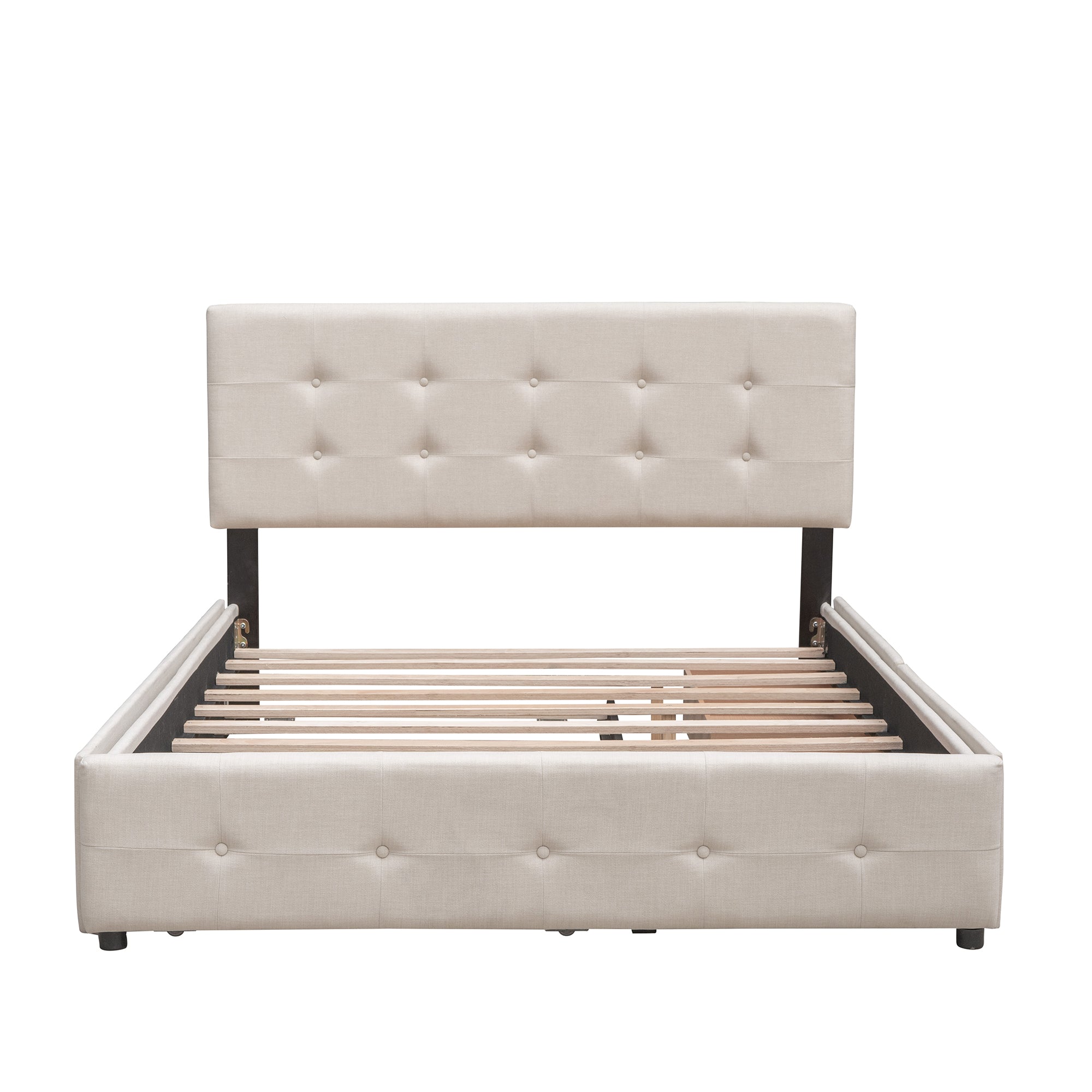 Upholstered Platform Bed with 2 Drawers and 1 Twin XL Trundle Linen Fabric Queen Size - Dark Beige