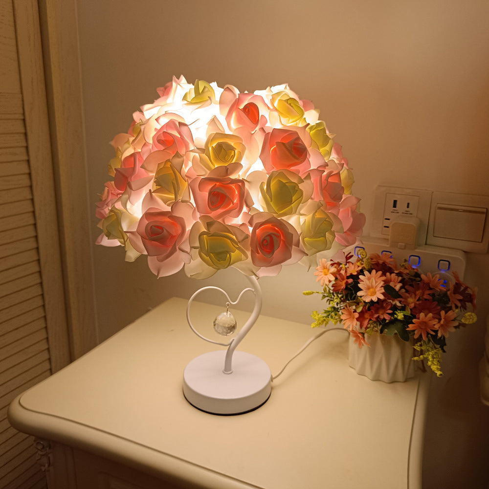 White stem heart-shaped crystal umbrella-shaped rose flower table lamp bedside lamp bedroom decoration ornaments wedding atmosphere table lamp