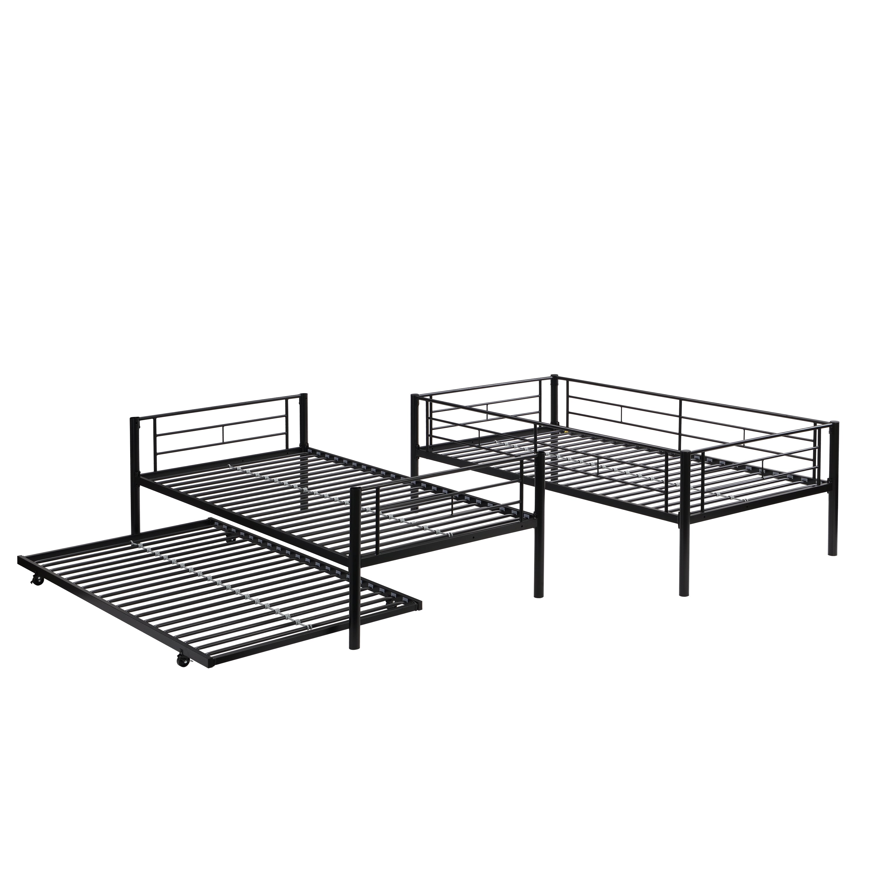 Twin bunk bed frame with trailer, metal bunk bed with sturdy guardrail and side ladder, can be divided into two beds, black