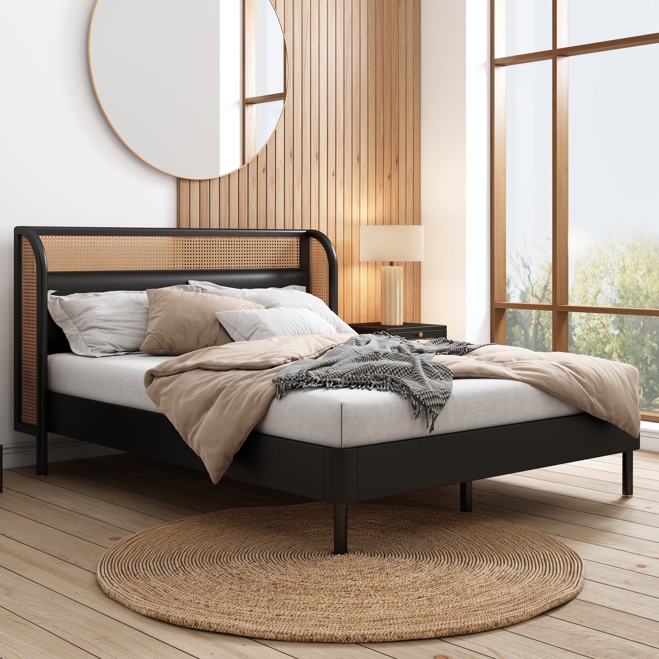 Modern Cannage Rattan Wood Platform Queen Bed Black