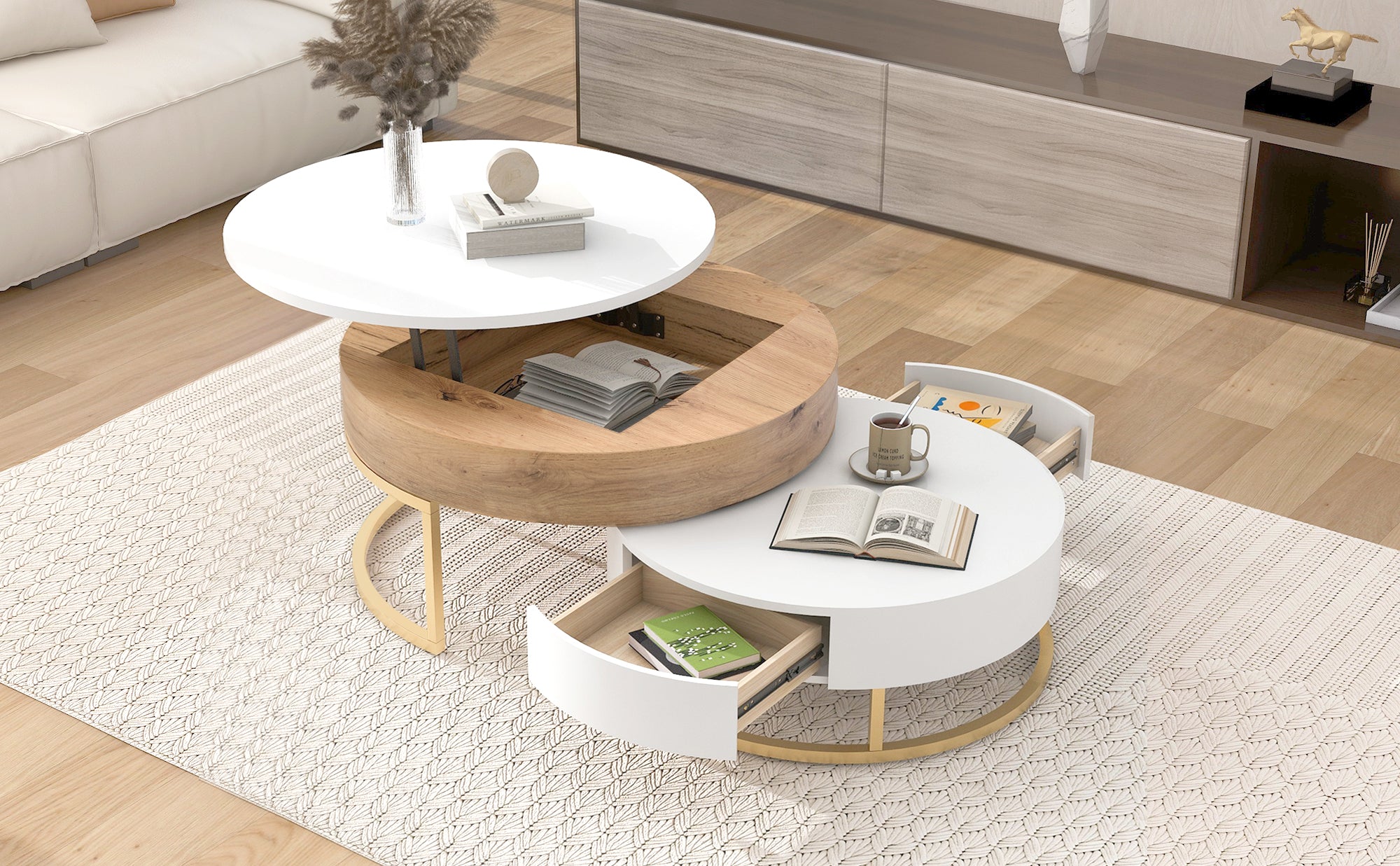 Modern Round Lift-top Nesting Coffee Tables with 2 Drawers White & Natural